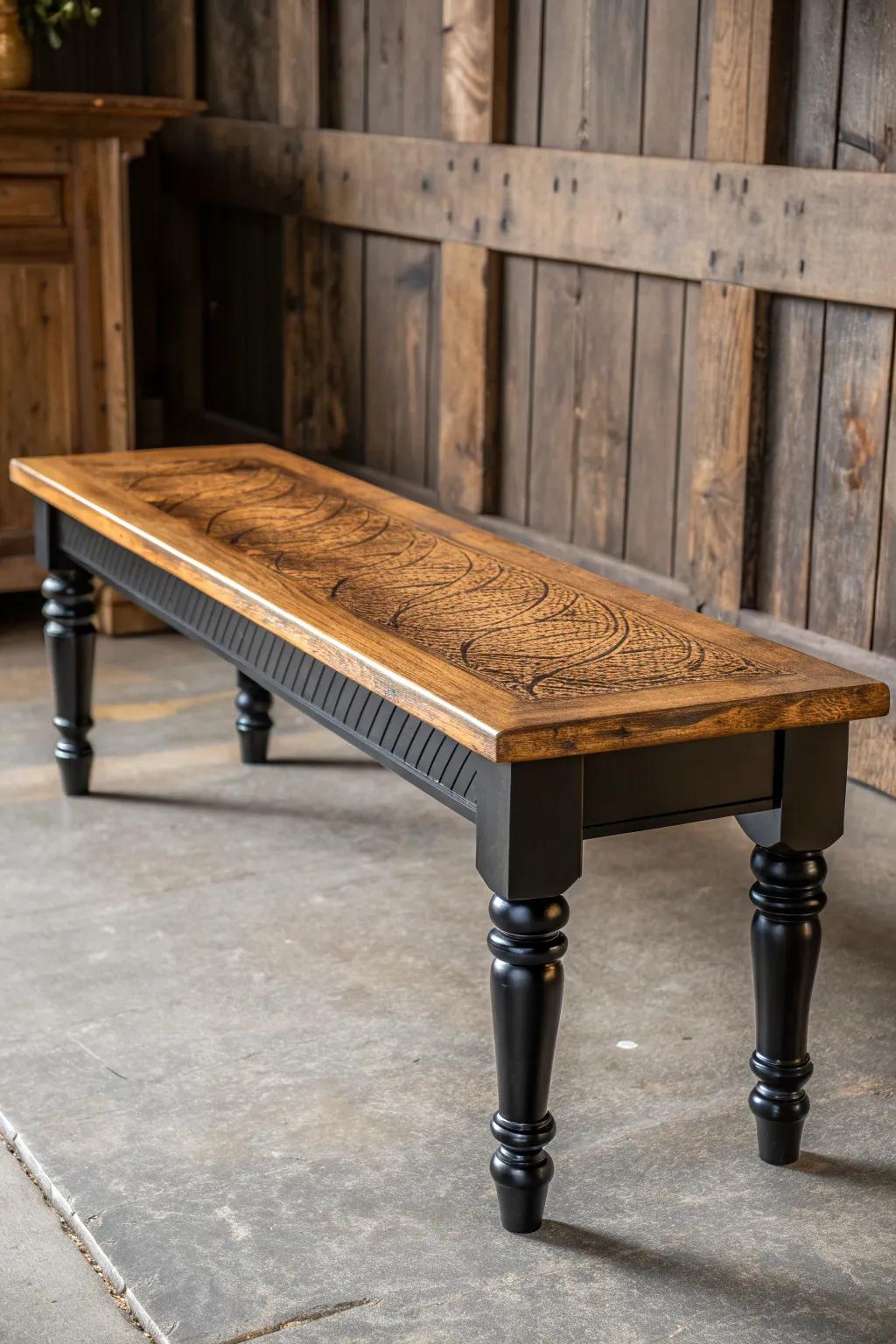 Elevate rustic charm with this striking two-tone farmhouse bench.