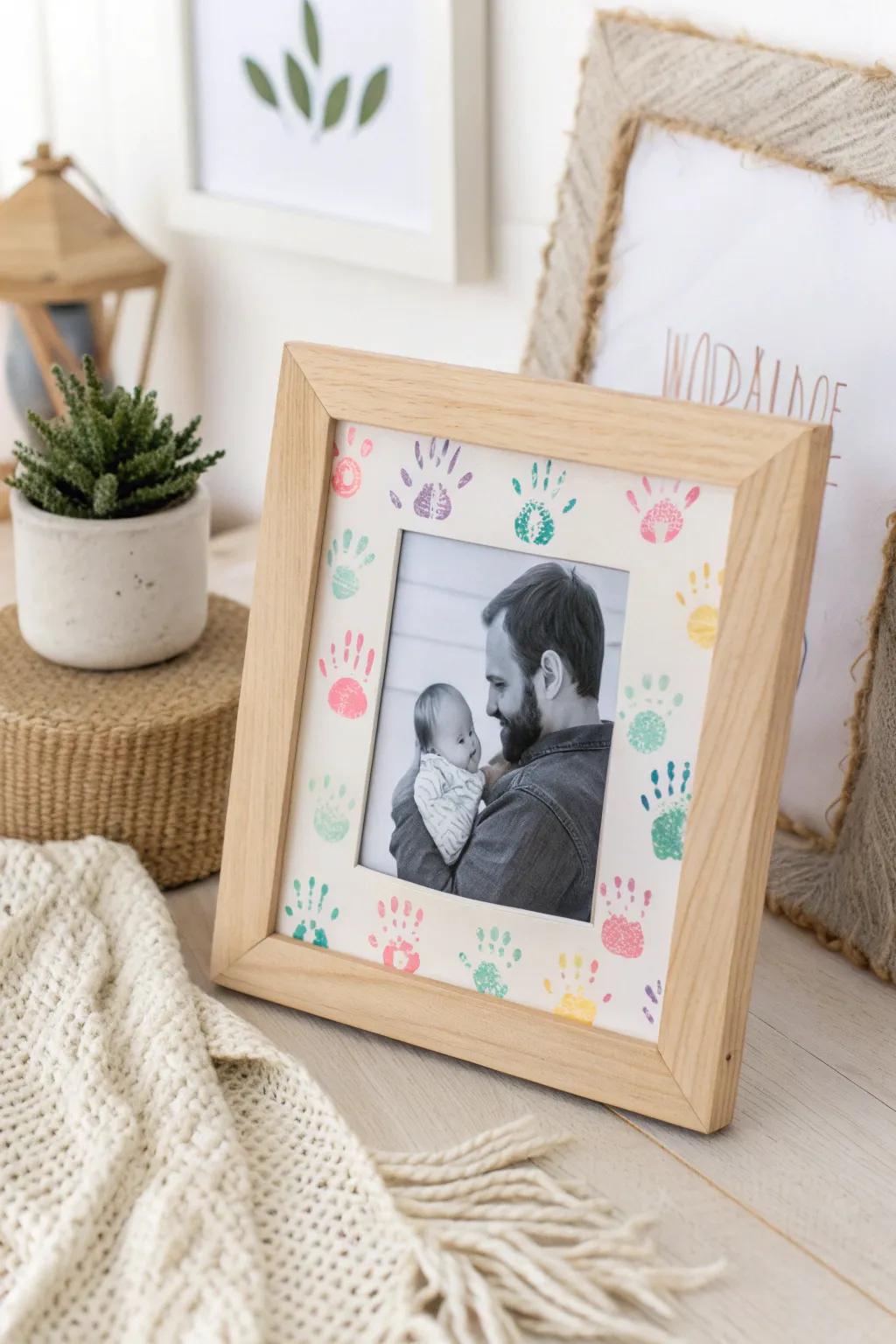 Treasure the moment: A bespoke picture holder capturing the bond between father and child through delicate handprints and heartfelt memories.