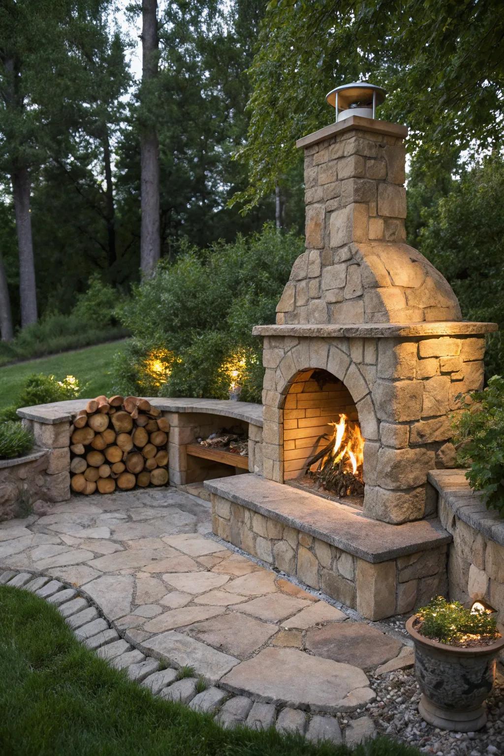 Elevate your outdoor space with a stone firepit featuring stylish wood storage, perfect for those cozy evenings.