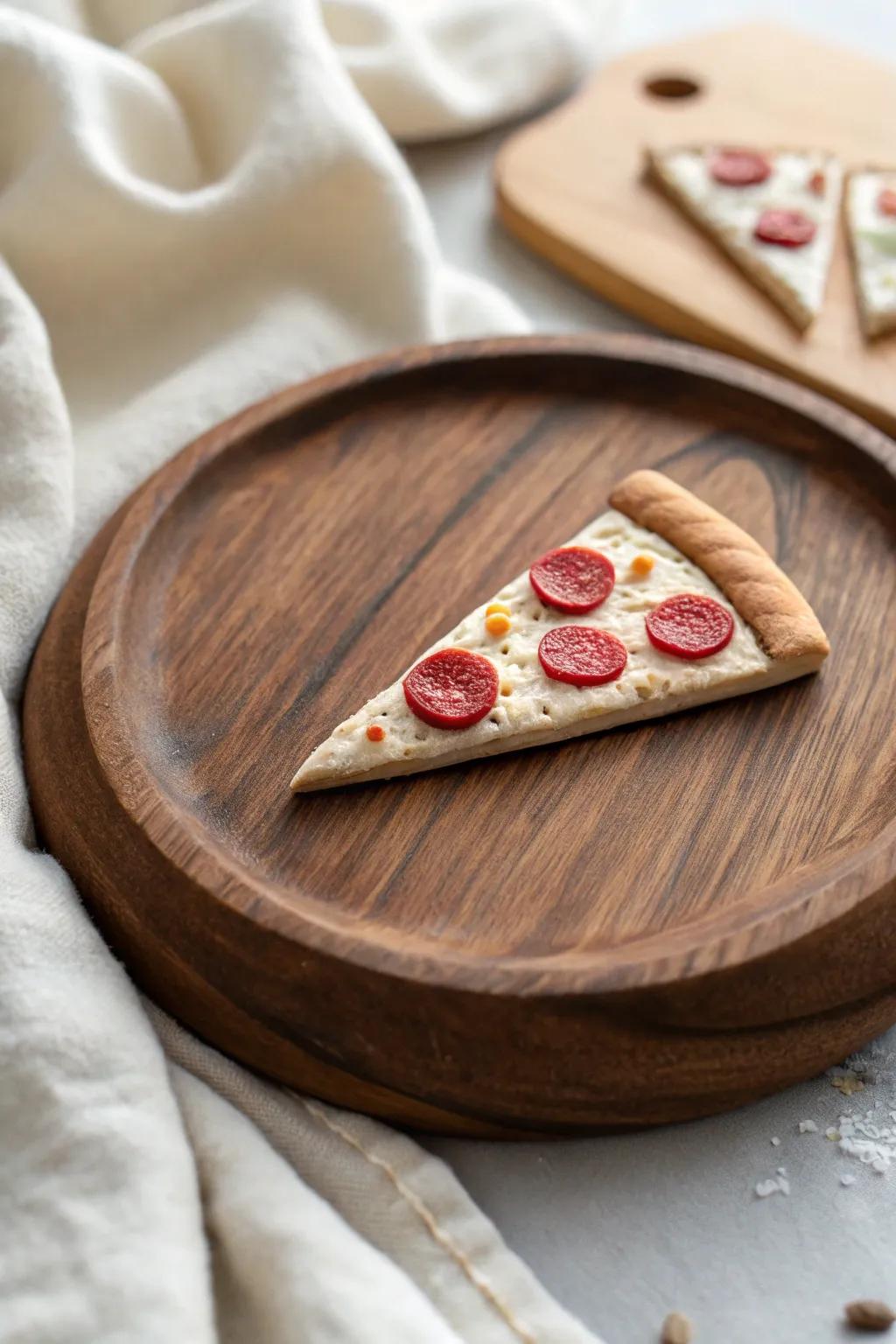 A Slice of Art: Handmade clay pizza slice with appealing details.
