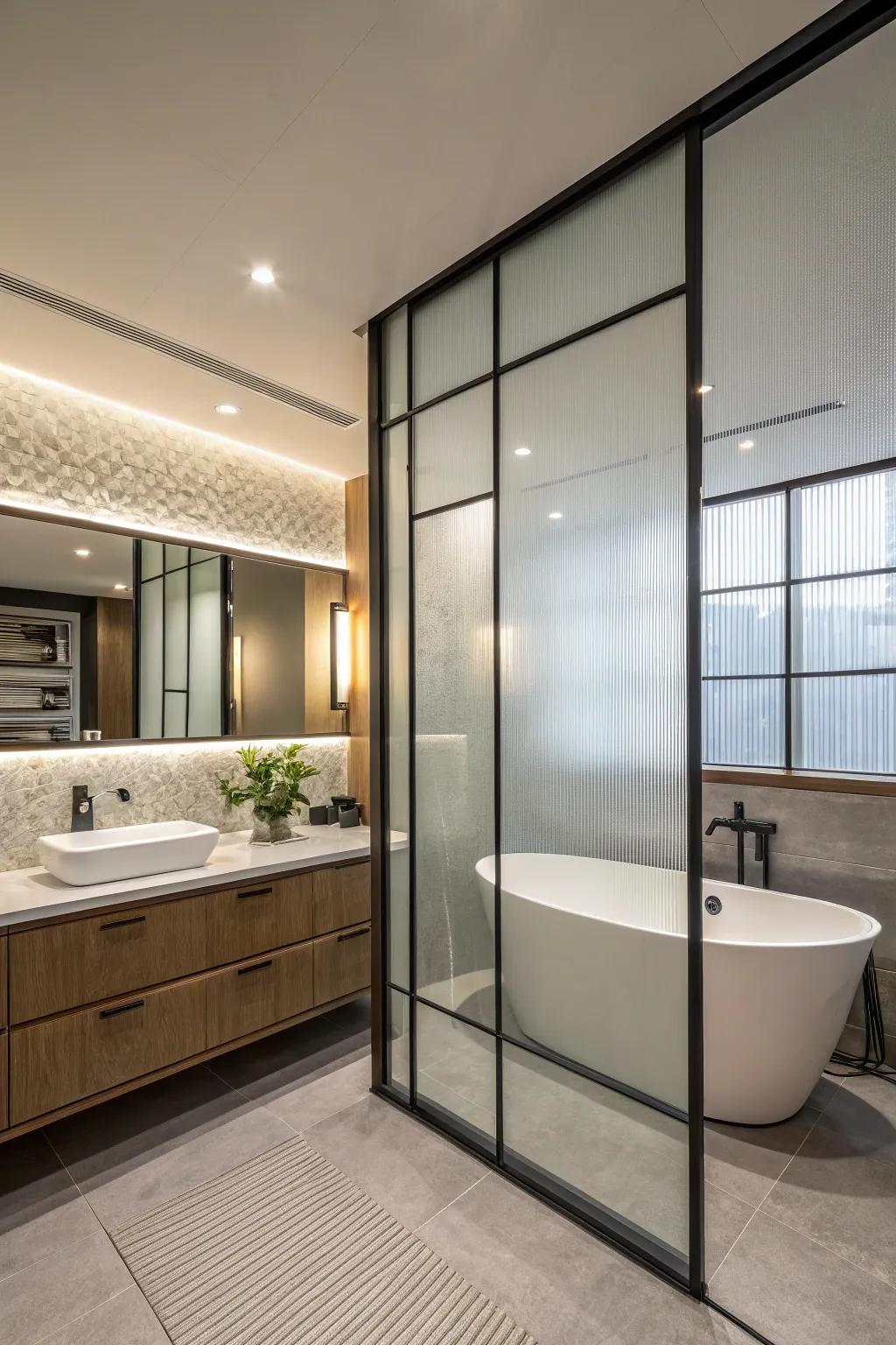 Fashionable privacy with frosted lavatory separations.