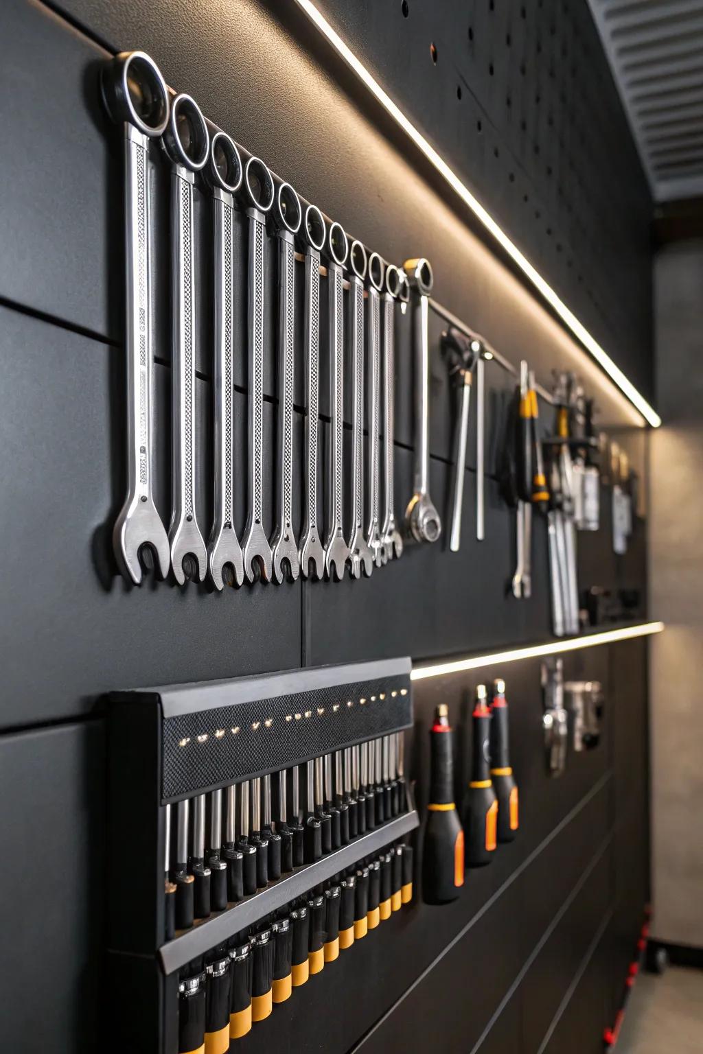 Transform your garage wall into a sophisticated tool gallery with a magnetic bar solution.