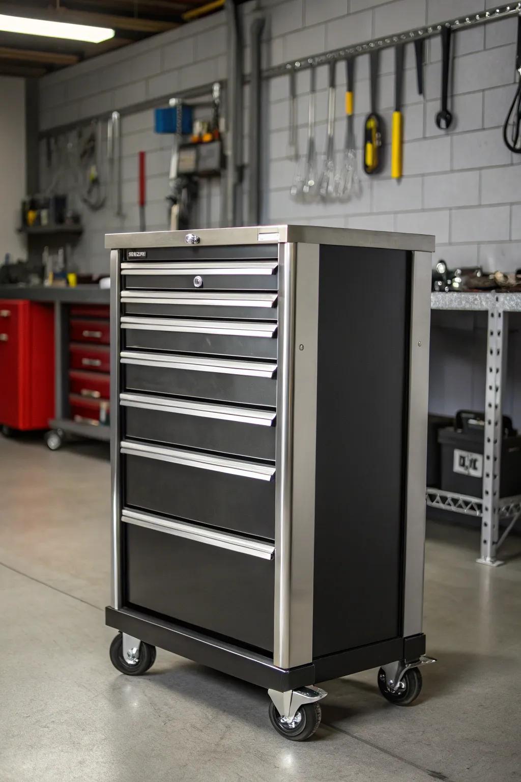 Simplify your workshop with this stylish and functional rolling cabinet.