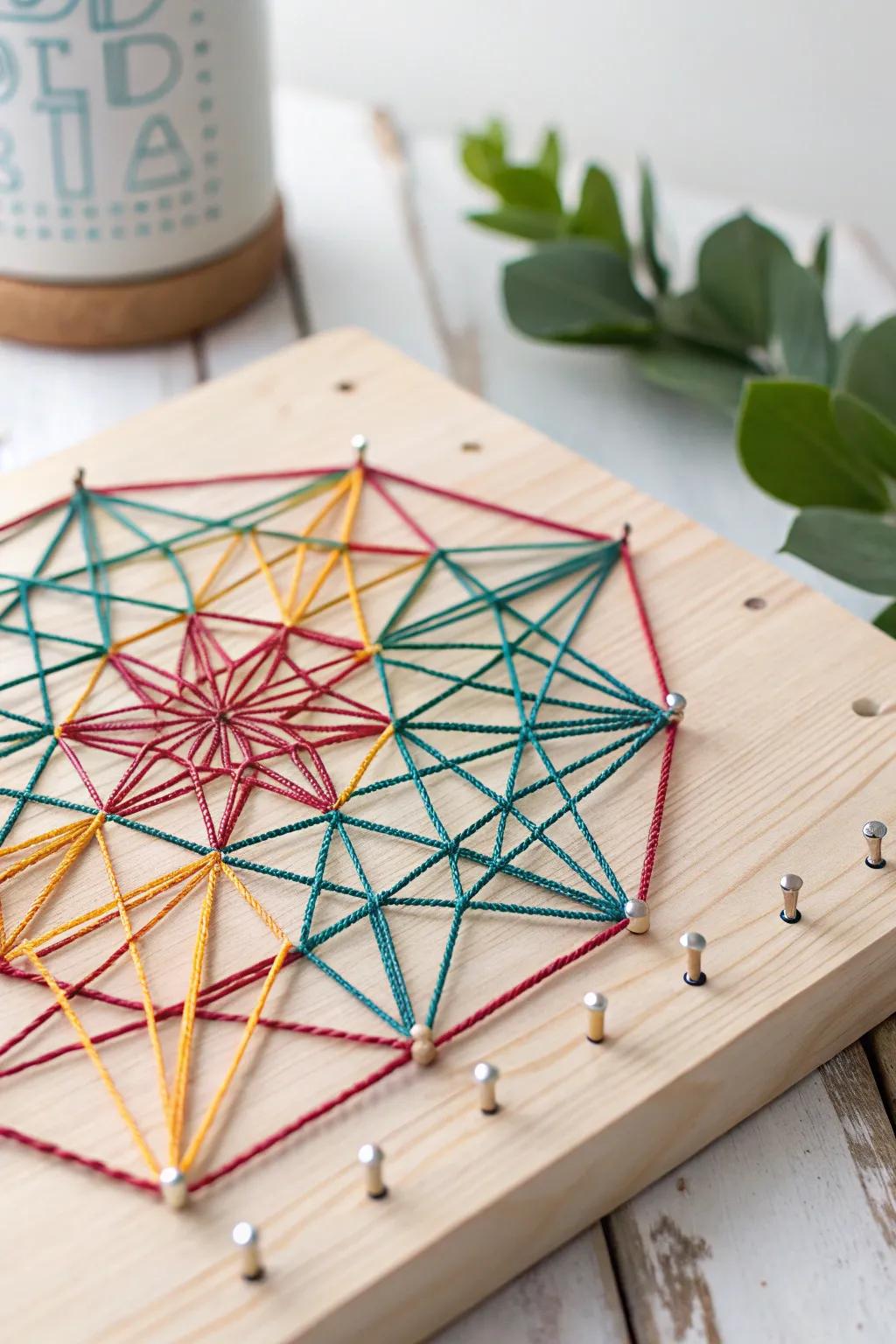 Add a pop of geometric elegance to your space with this stunning string art masterpiece!