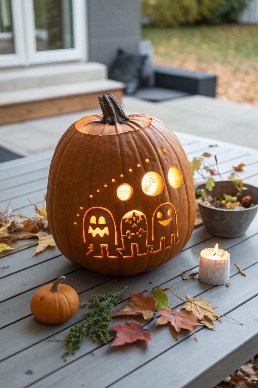 Nostalgia encounters sophistication: retro game phantoms impart a spirited glow to minimalist Halloween aesthetics.