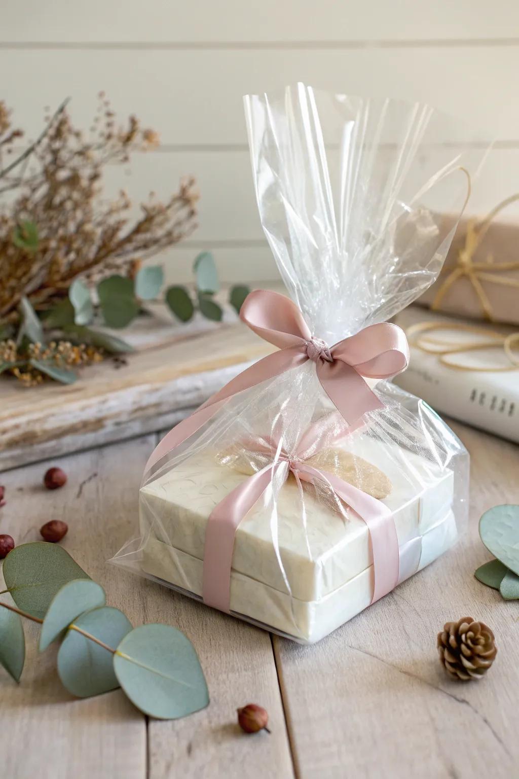 Enhance your gift-giving with chic transparent sheeting wrapping for a boutique-esque spectacle.