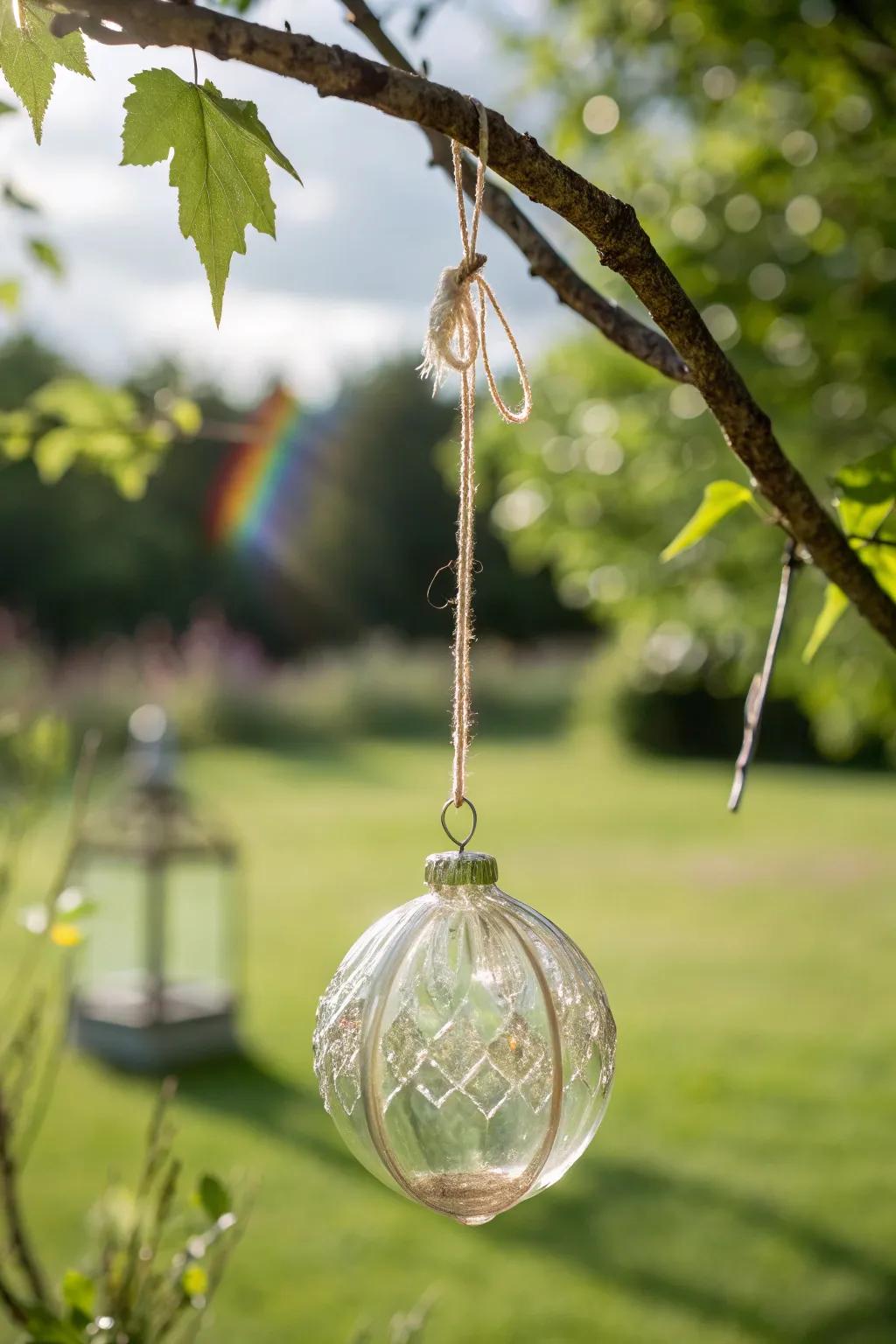 Seize the enchantment of sunlight through this exquisite glass trinket, introducing a touch of whimsy to your garden.