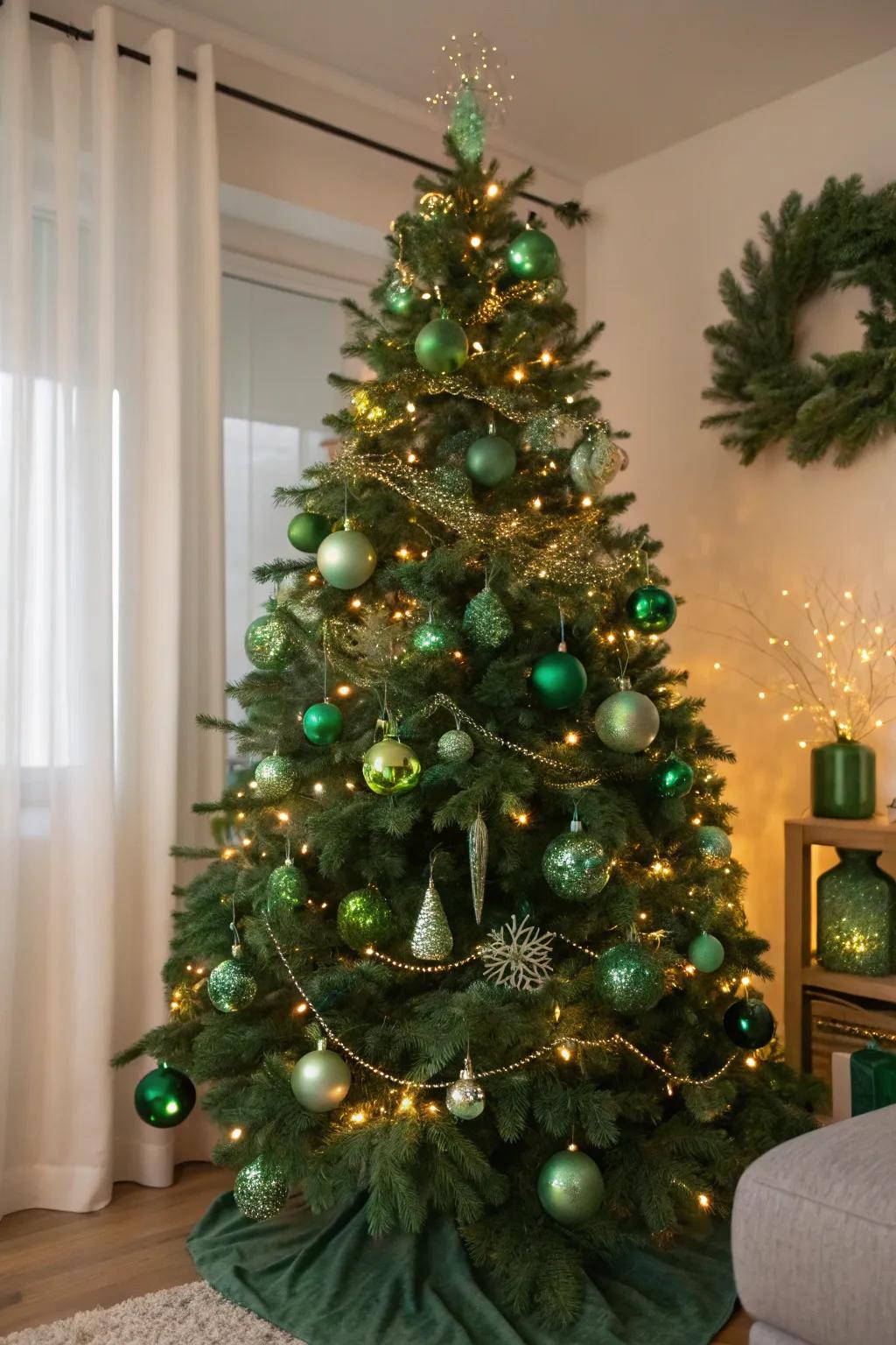 A single-hue green Christmas tree, exhibiting a lush, unified arrangement.
