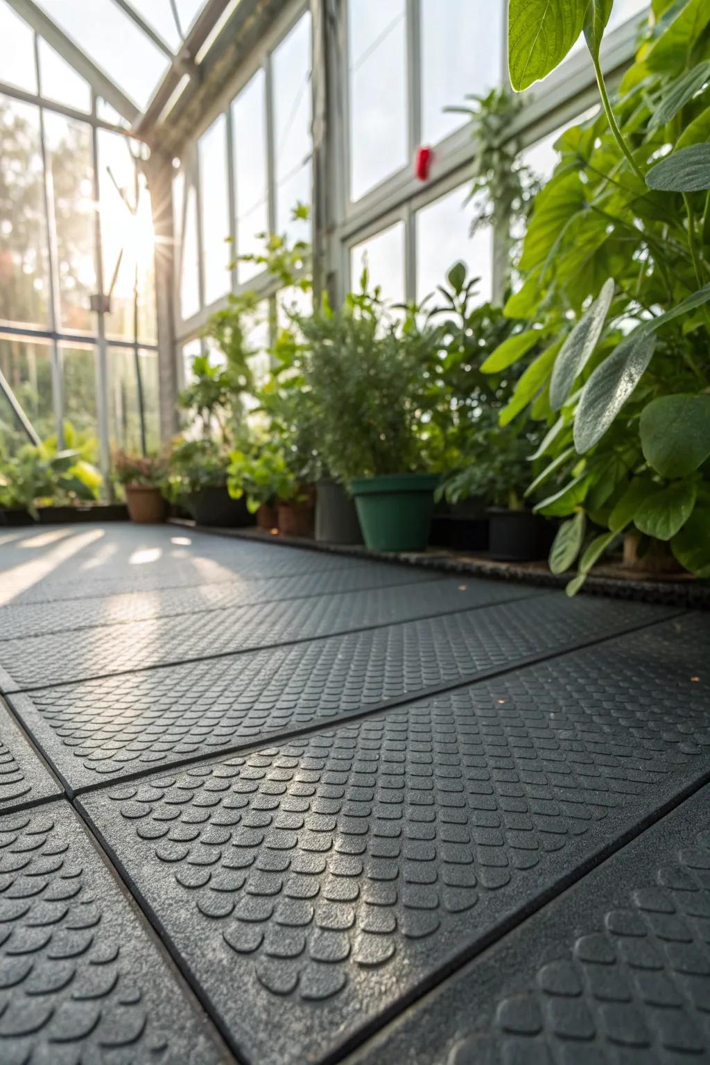 Step into solace and sustainability with sustainable flexible flooring for your greenhouse.