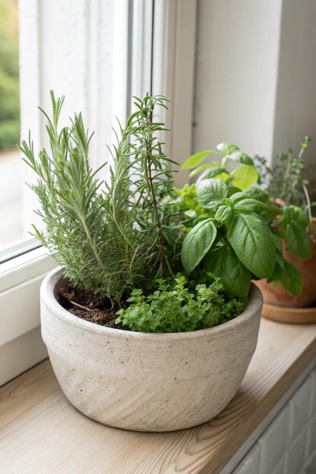 Convert your ledge into a tranquil, diminutive garden complete with a stylish symbiotic planting of rosemary, thyme, and basil. Celebrate simplicity and inherent splendor!