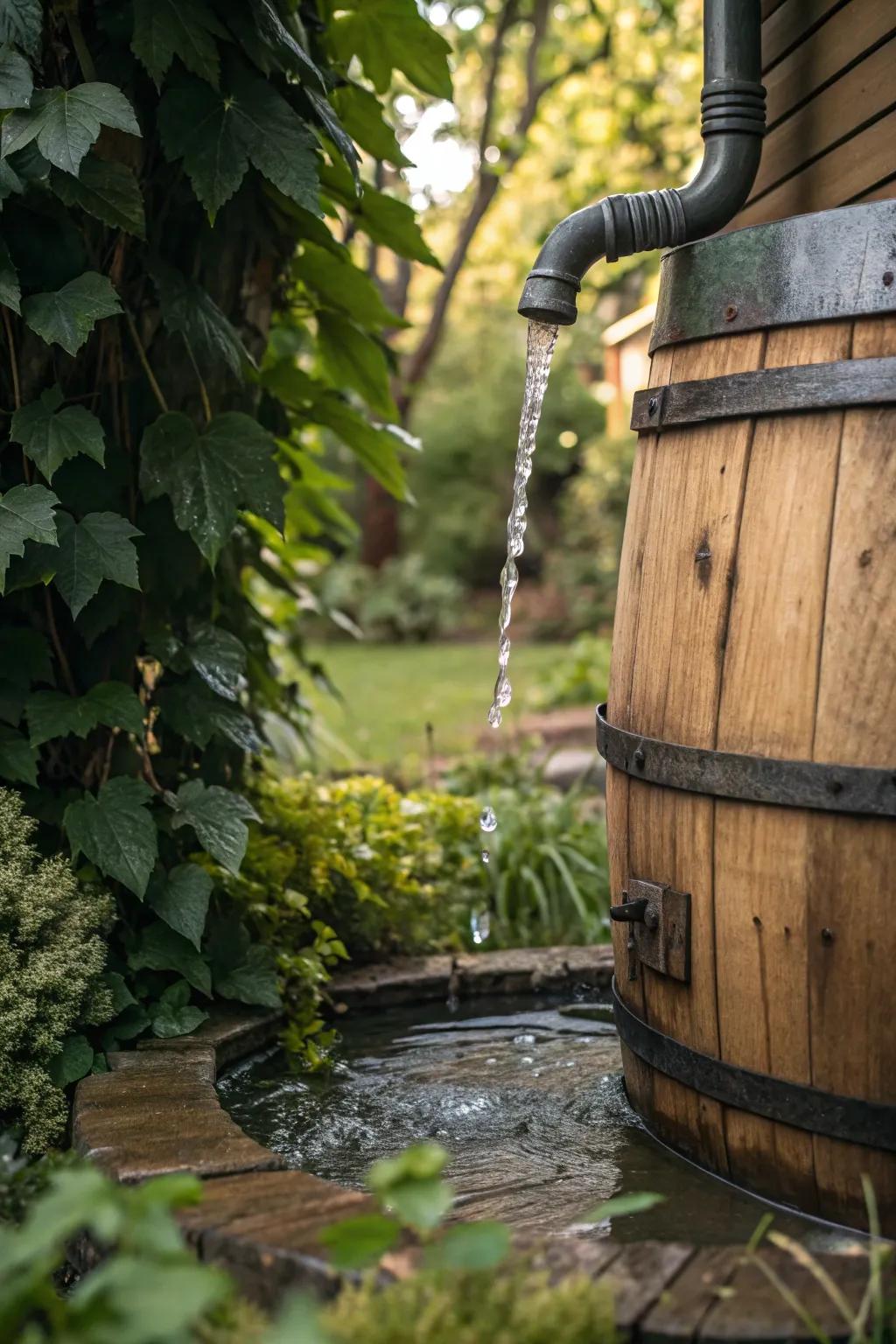 Augment your garden's magnetism through a timeless oak rain reservoir—a convergence of practical water conservation and rustic sophistication.
