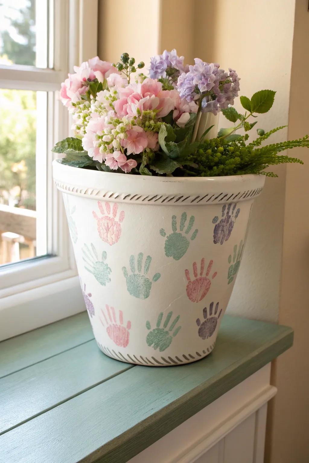 Fashioned with affection: A bespoke handprint blossom container that blossoms with memories. 🌿✨