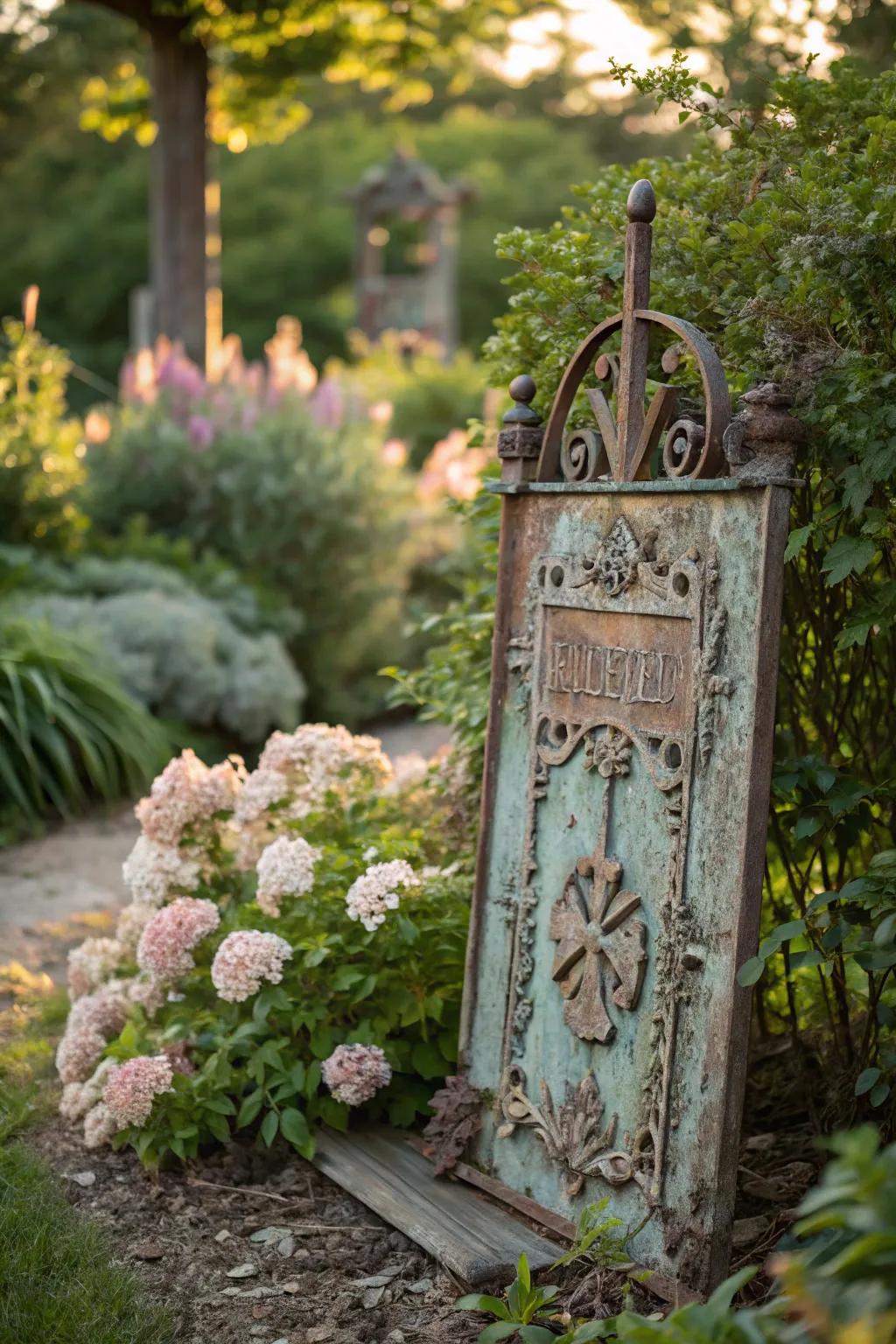 Transform your garden with vintage flair: a distressed metal display amidst flourishing splendor.