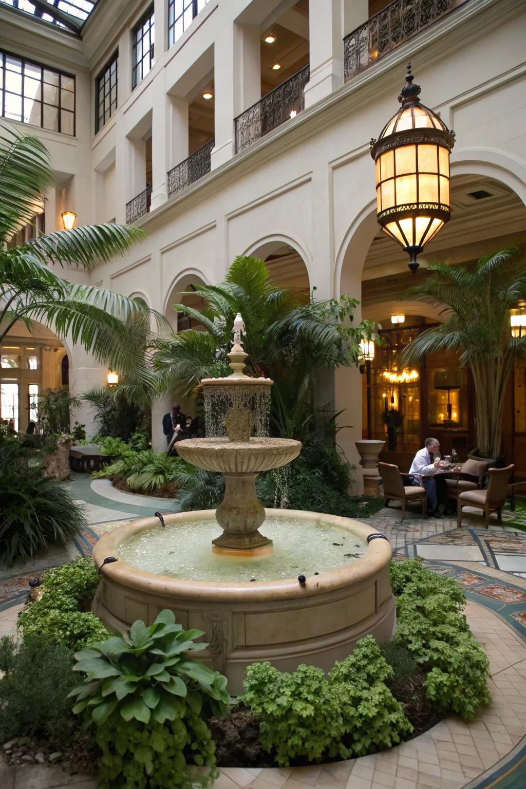A serene atrium enhanced by a soothing aquatic feature.