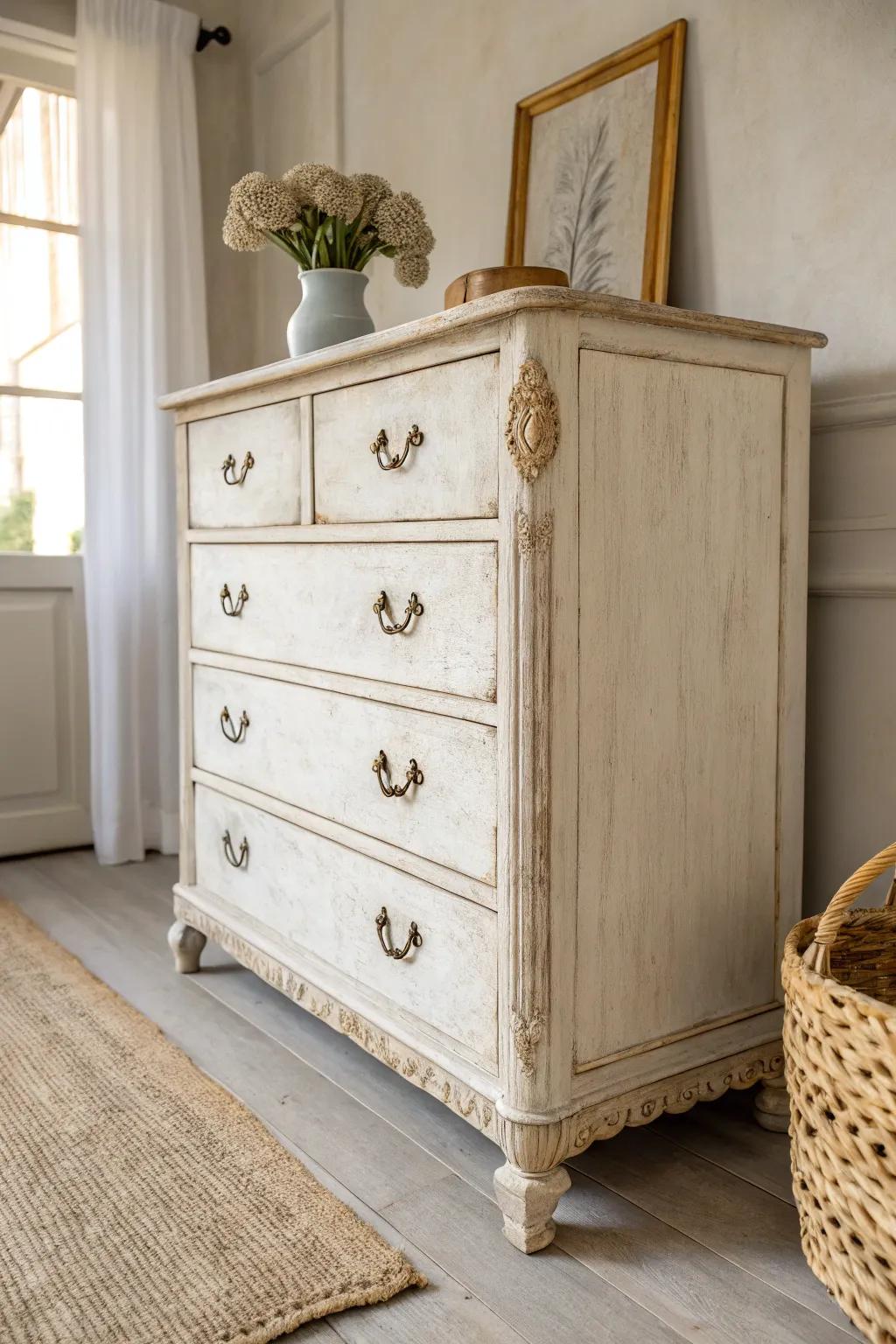 Embrace the charm of vintage with a beautifully distressed dresser that whispers stories of the past.