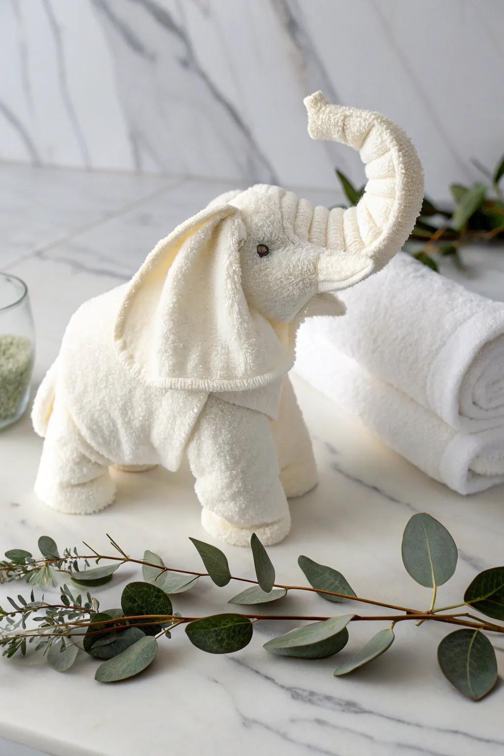 Inject a note of whimsy into your bathroom décor with a charming sculpted towel fashioned into an elephant!