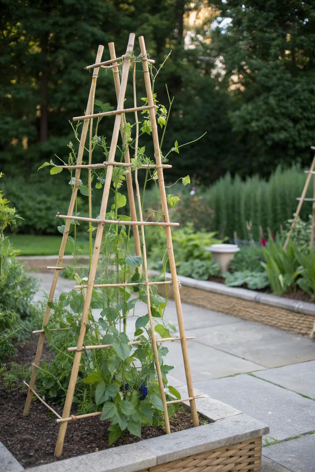 Amplify the elegance of your garden with a handmade bamboo climbing frame, superb for showcasing climbing flora in a minimalistic and natural arrangement.