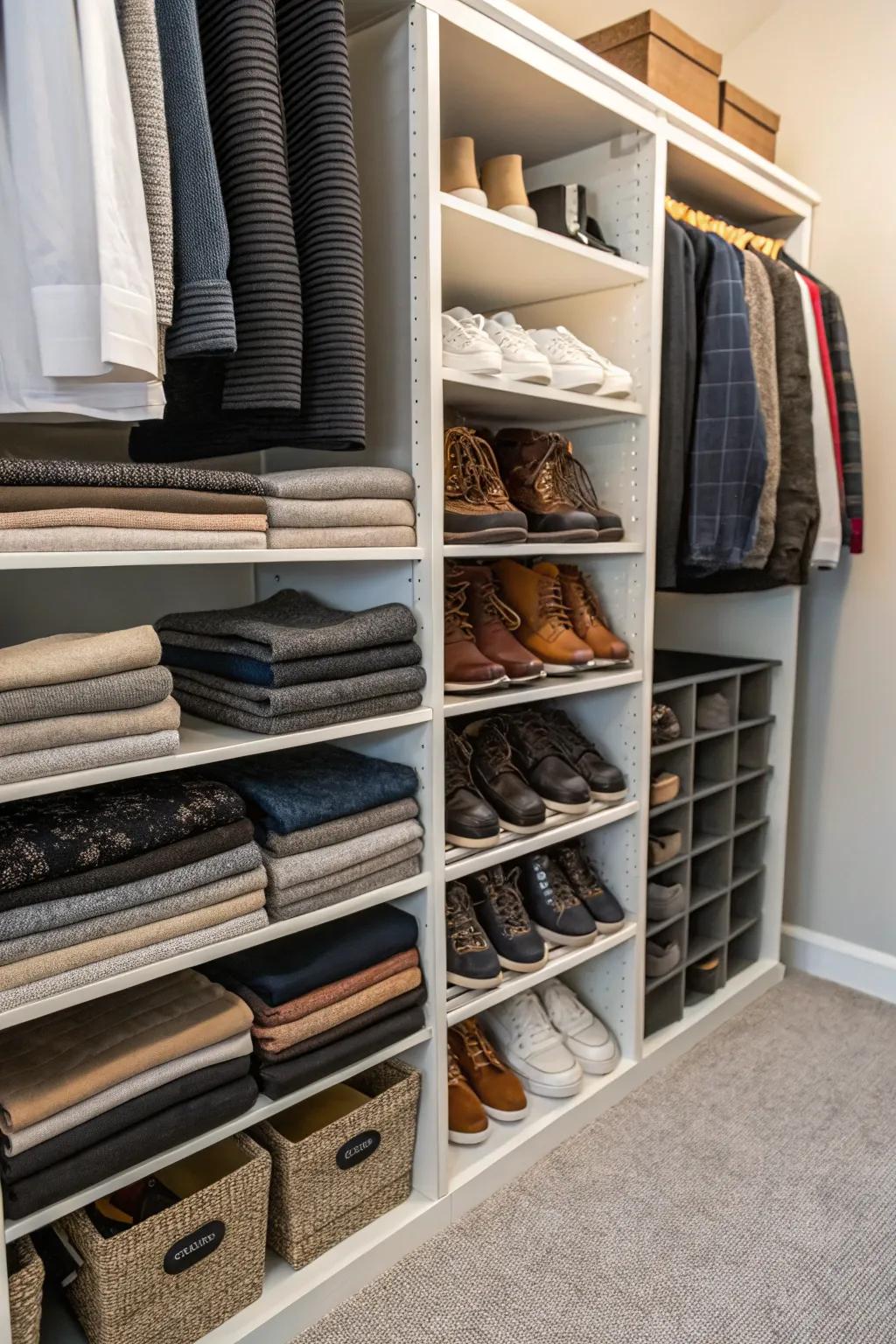 Shelf separators maintain order and neatness on deep closet shelves.