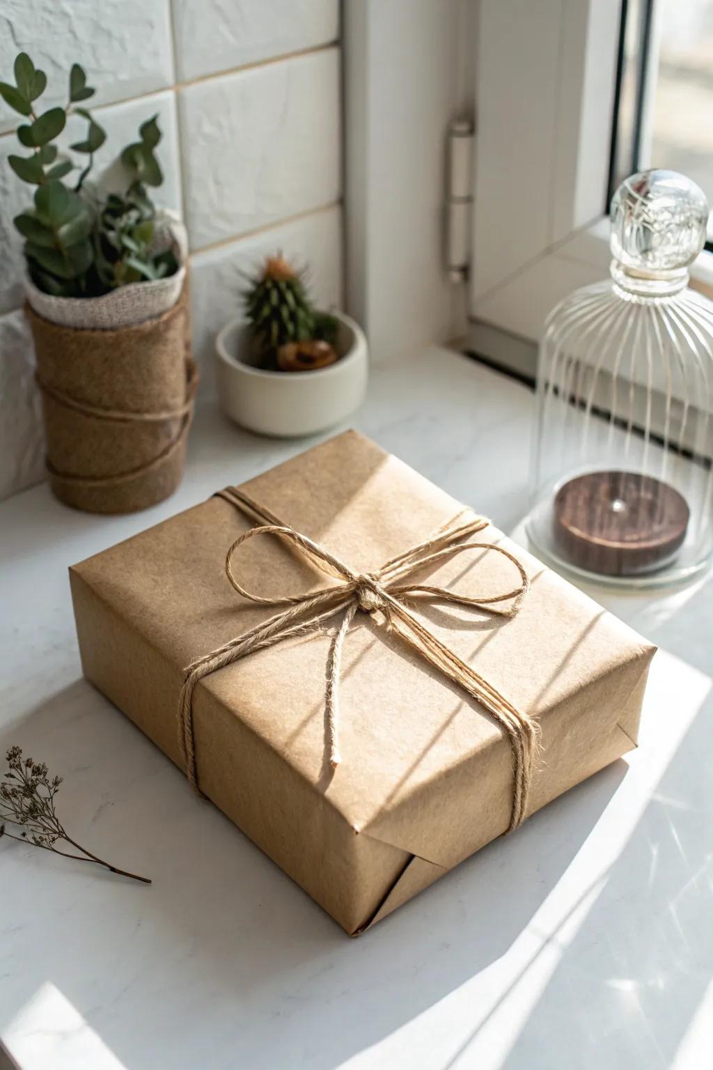 Embrace countryside allure with this beautifully wrapped gift in kraft material and cord—simplistic, genuine, and ideal for the period.