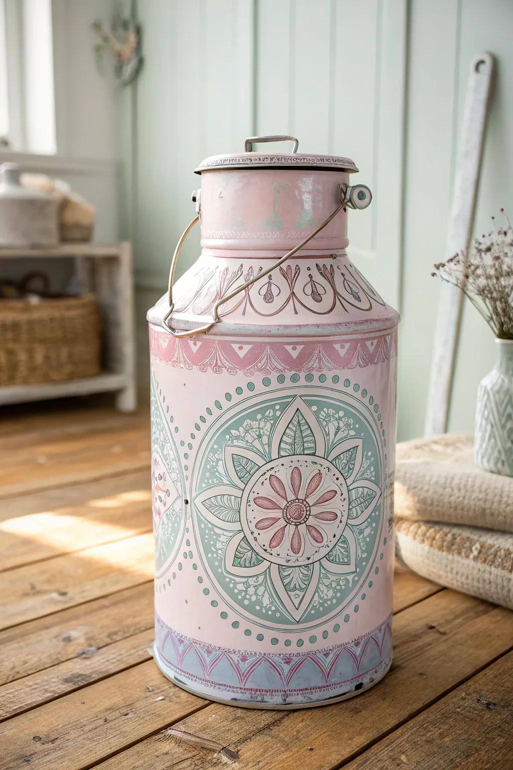 Turning the vintage into art: a beautifully painted metal canister blending minimalist style with boho allure.