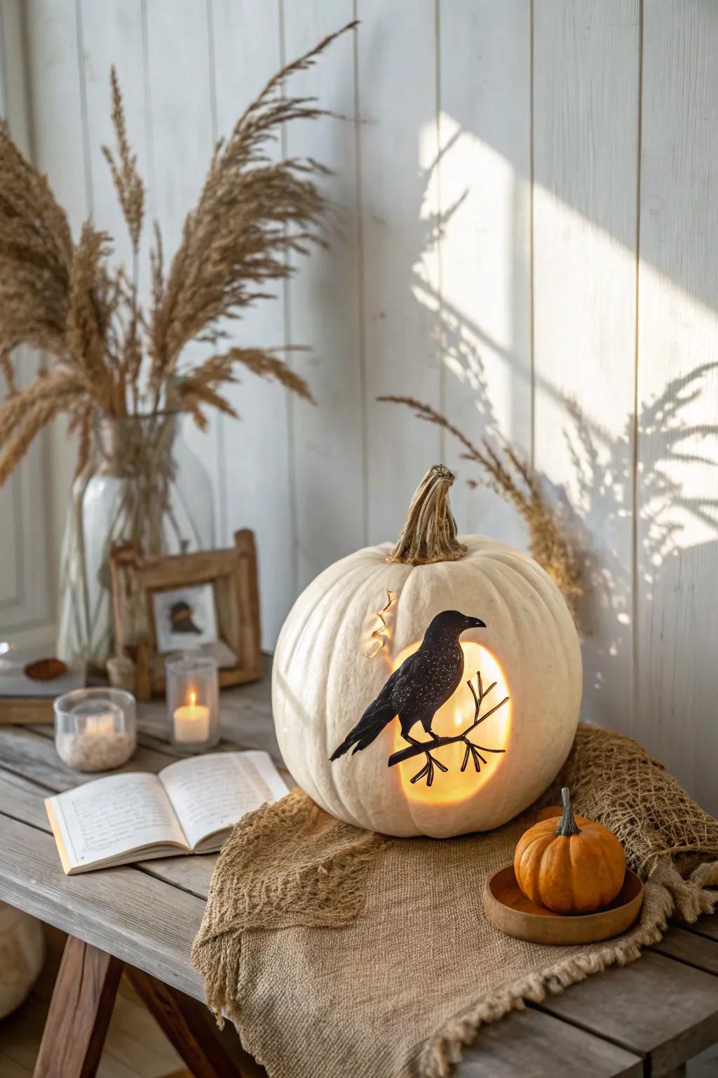 Embrace the wonder of shadows using this entrancing raven shadow figure jack-o'-lantern.