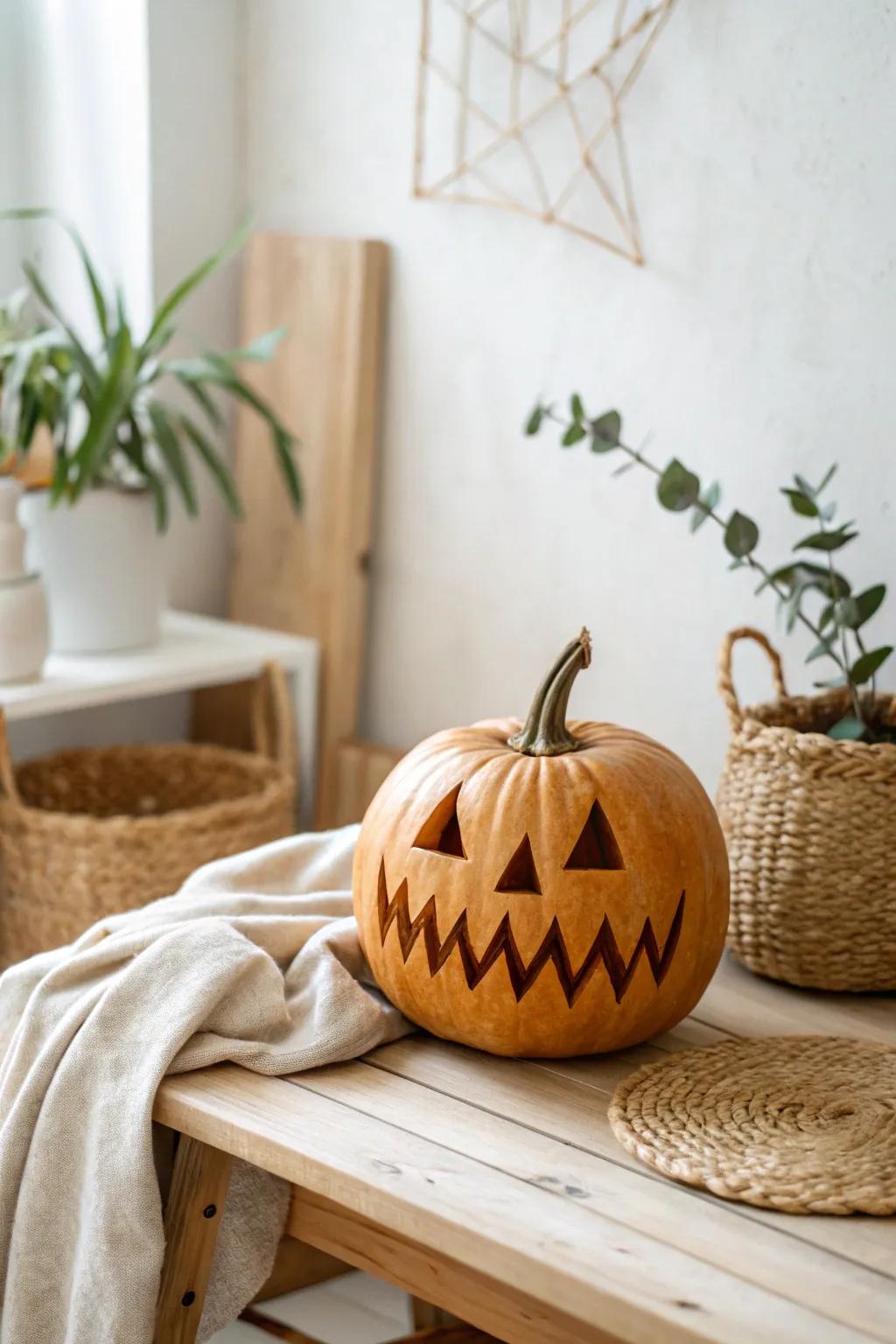 Embrace the whimsical charm of an angled smile for your pumpkin this season—where modern minimalism meets boho elegance.