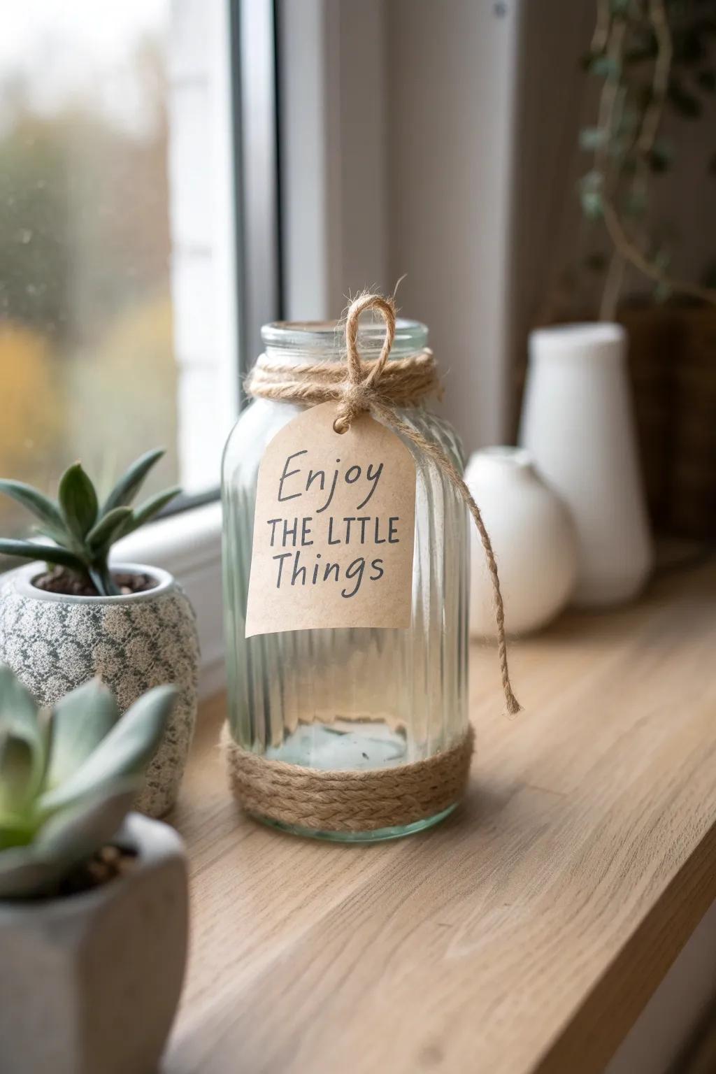 Gather joy at a glance: A modest vessel filled with inspirational words.