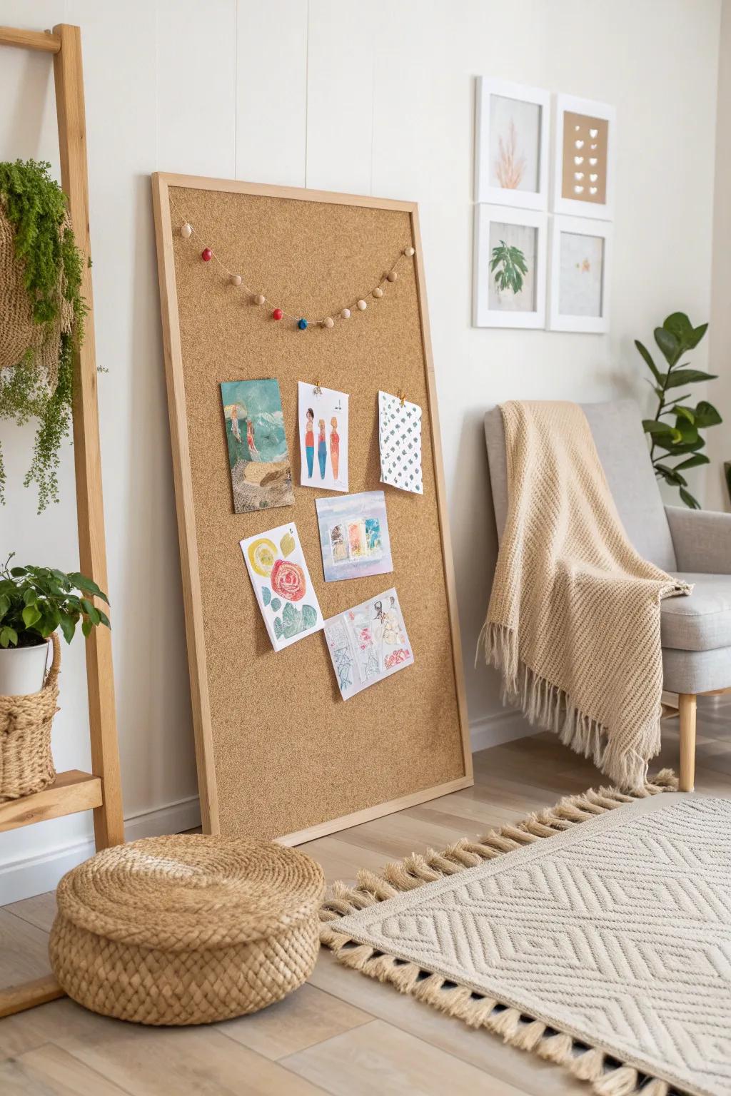 Adopt creativity through a stylish cork board art display that mixes seamlessly into your decor!