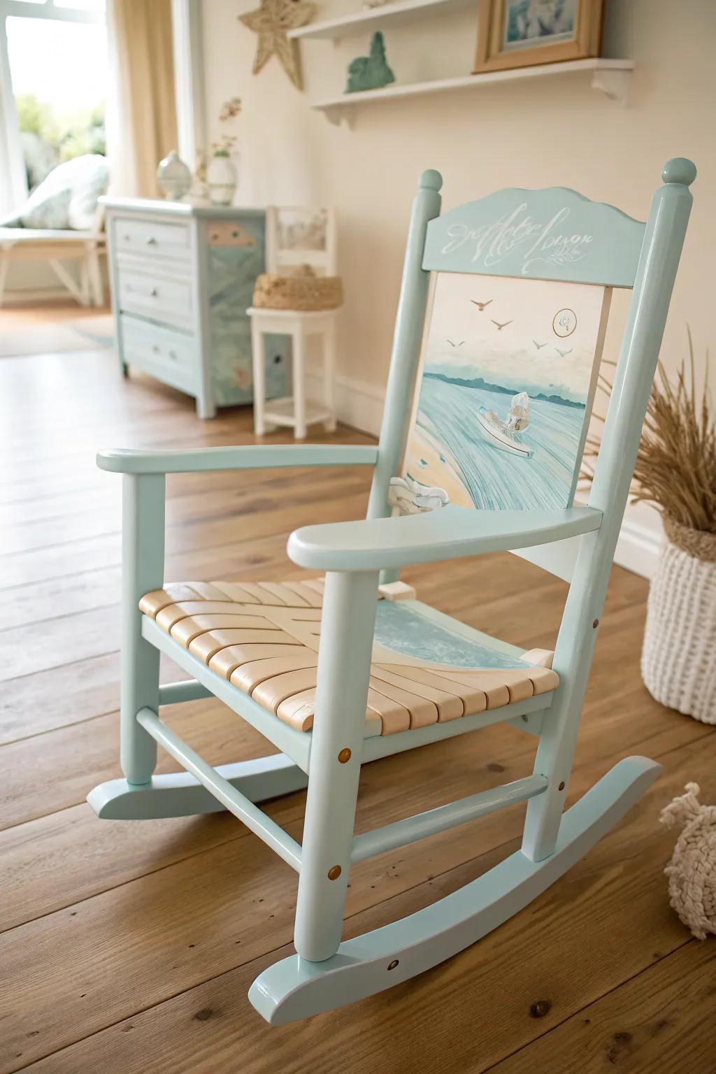 Embark on currents of creativity with this beach-inspired rocking chair, where craftsmanship harmonizes with coastal allure. 🌊✨