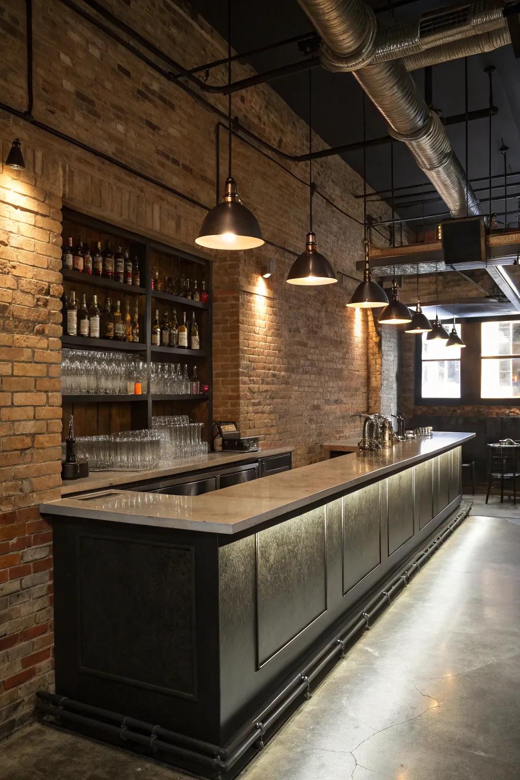 Urban chic L-shaped wet bar with a fashionable fusion of uncovered brickwork and metal.