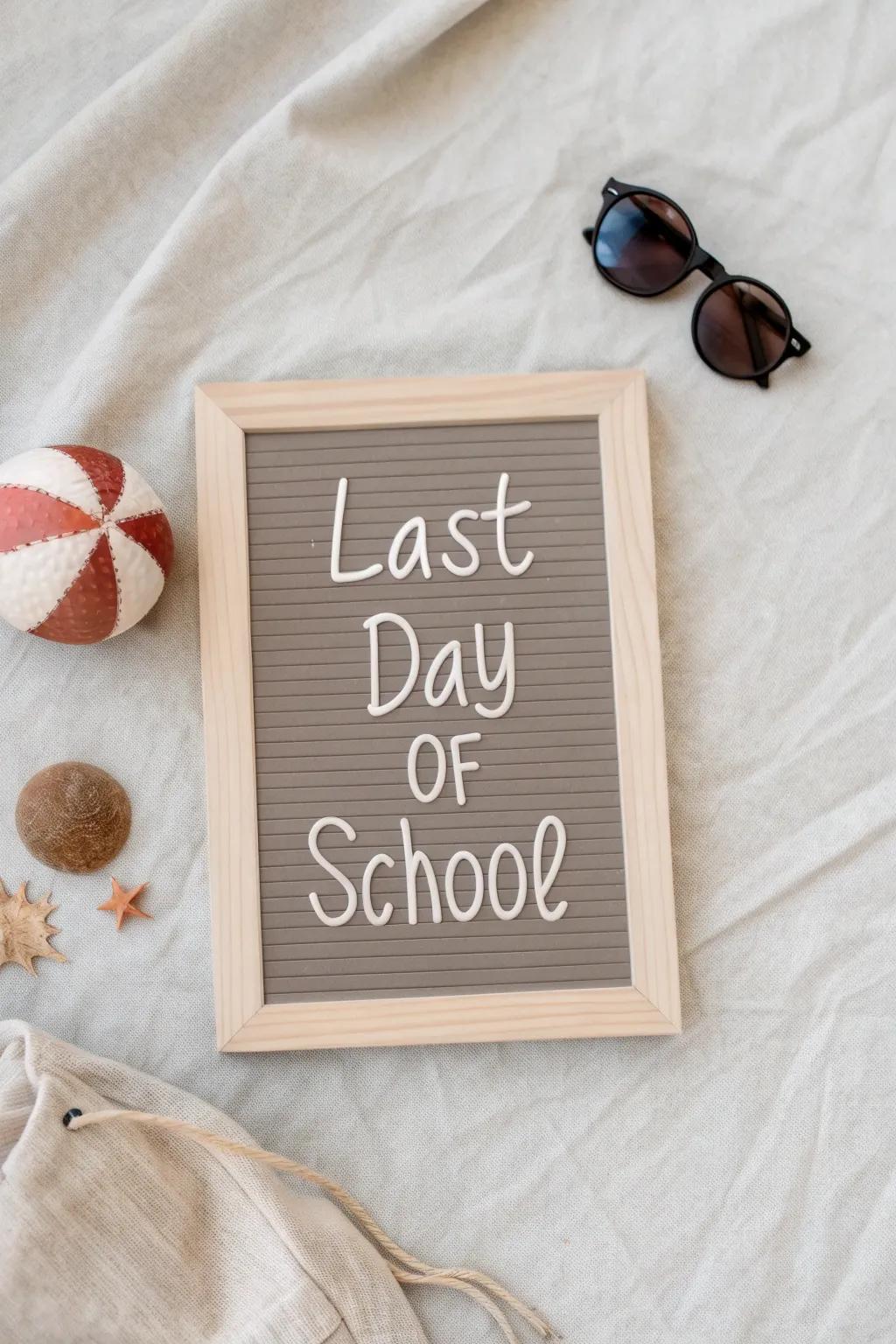 Embrace the summer vibes with this chic 'Last Day of School' sign, perfect for capturing those unforgettable vacation moments.