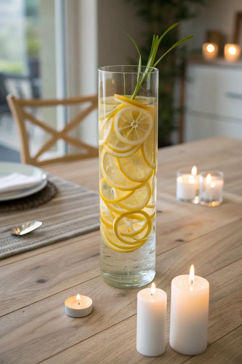 Transform your dining occasion with a captivating Citrus Swirl Focal Point, where understated elegance meets simplicity.