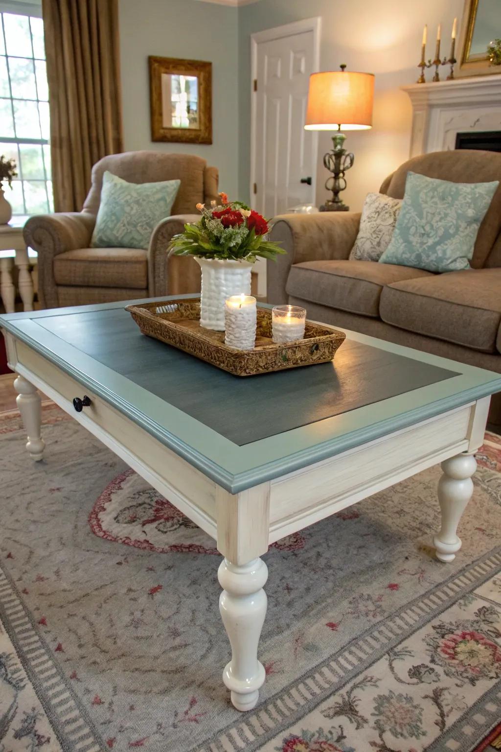 Restyling an existing center table infuses charm and distinctiveness.