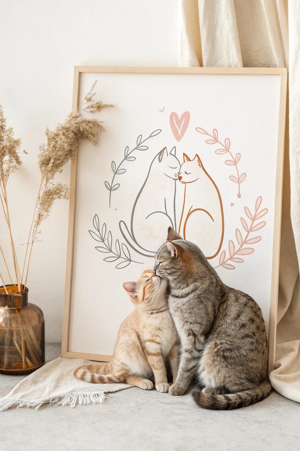 Embrace the cordiality of affection in simplicity: Felines embracing in serene refinement.