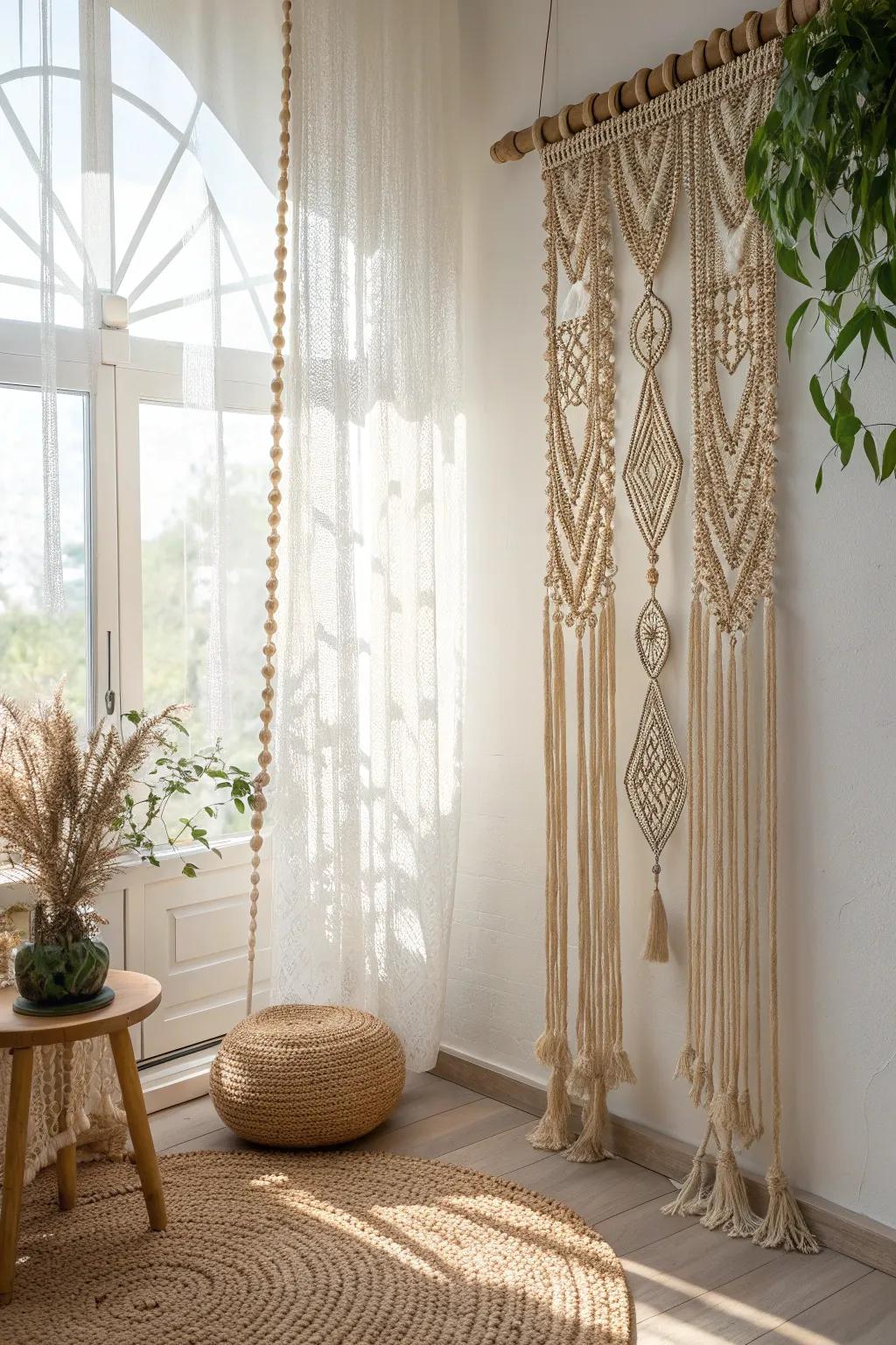 Introduce a hint of shimmer to your space with an ornament-adorned macrame window covering, where craftsmanship aligns with elegance.