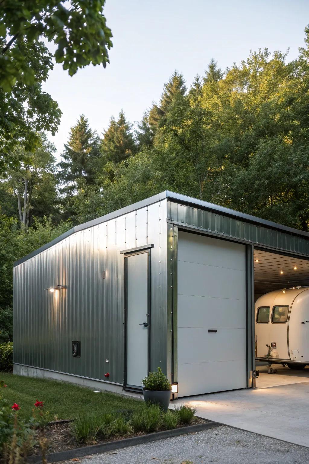 Grant your camper the ultimate defense with a stylish autonomous metallic garage - where security converges with streamlined design.
