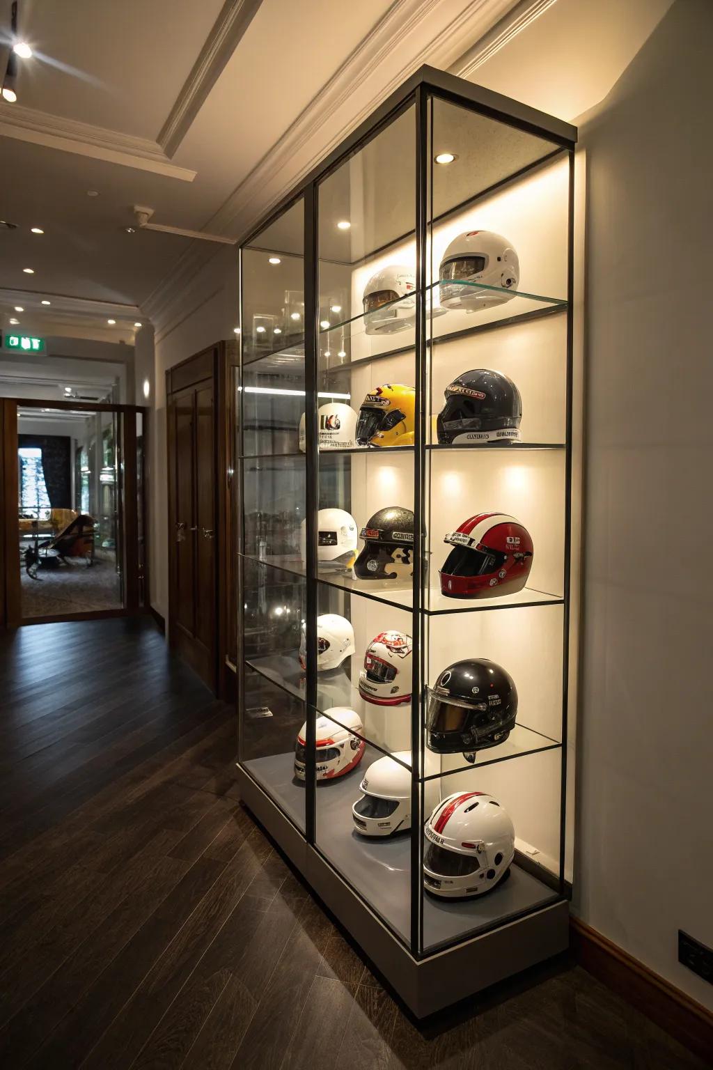 Improve your miniature helmet assortment through an eye-catching glass cabinet arrangement guaranteed to astonish every visitor.