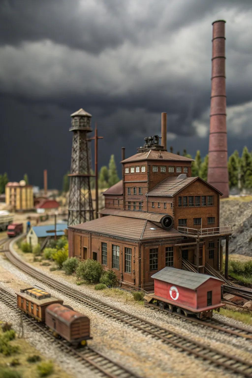 Capture the soul of manufacturing facility charm with this intricate train model scene, where ingenuity converges with authenticity.