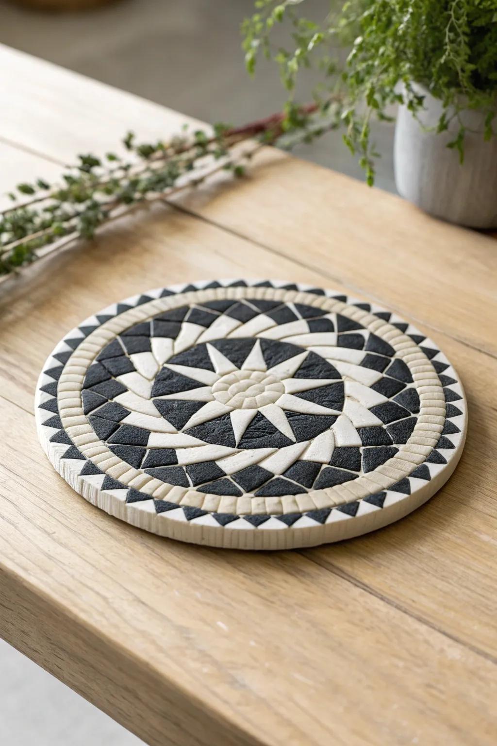 Monochromatic Allure: Enrich your environment with the ageless sophistication of ivory and onyx mosaic coasters.