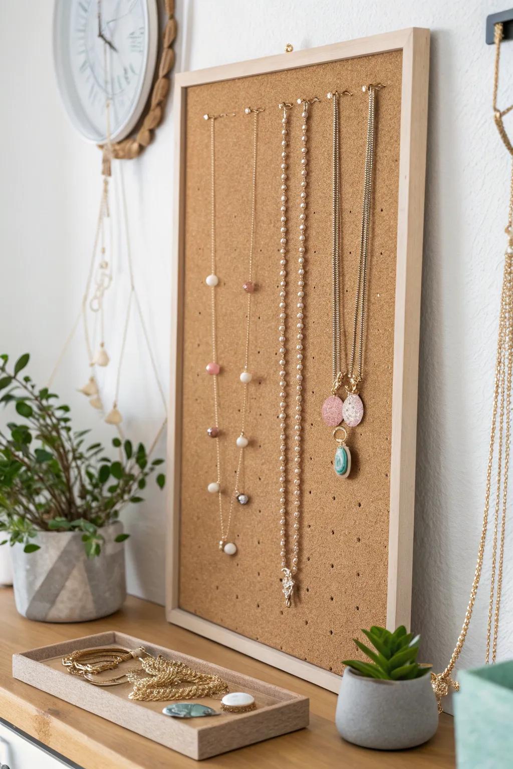 Effortless refinement meets practical organization: Transform your necklace arrangement with a chic corkboard display.
