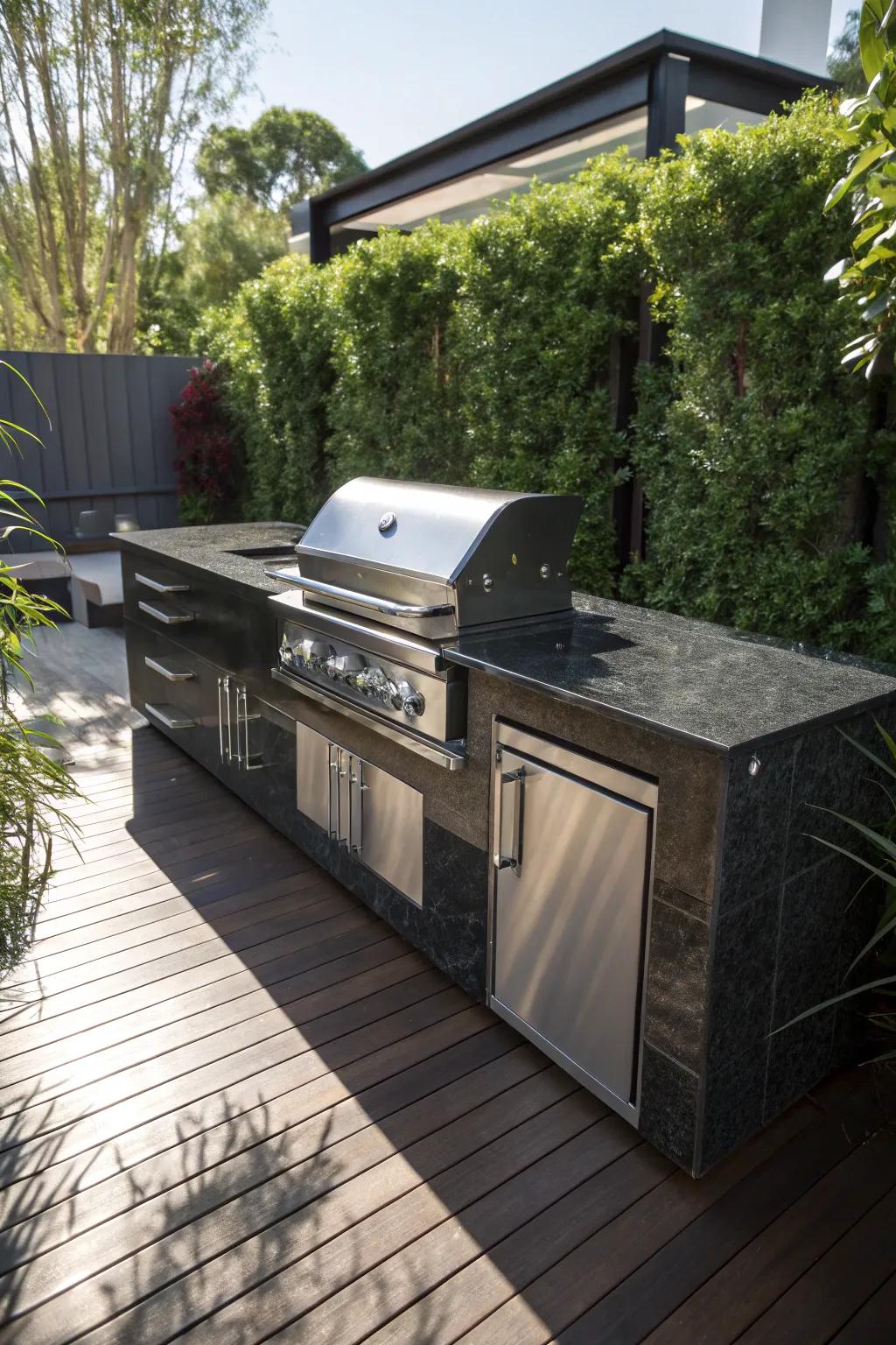Enhance your outdoor cooking with a stylish built-in grill station that effortlessly blends into the natural surroundings.