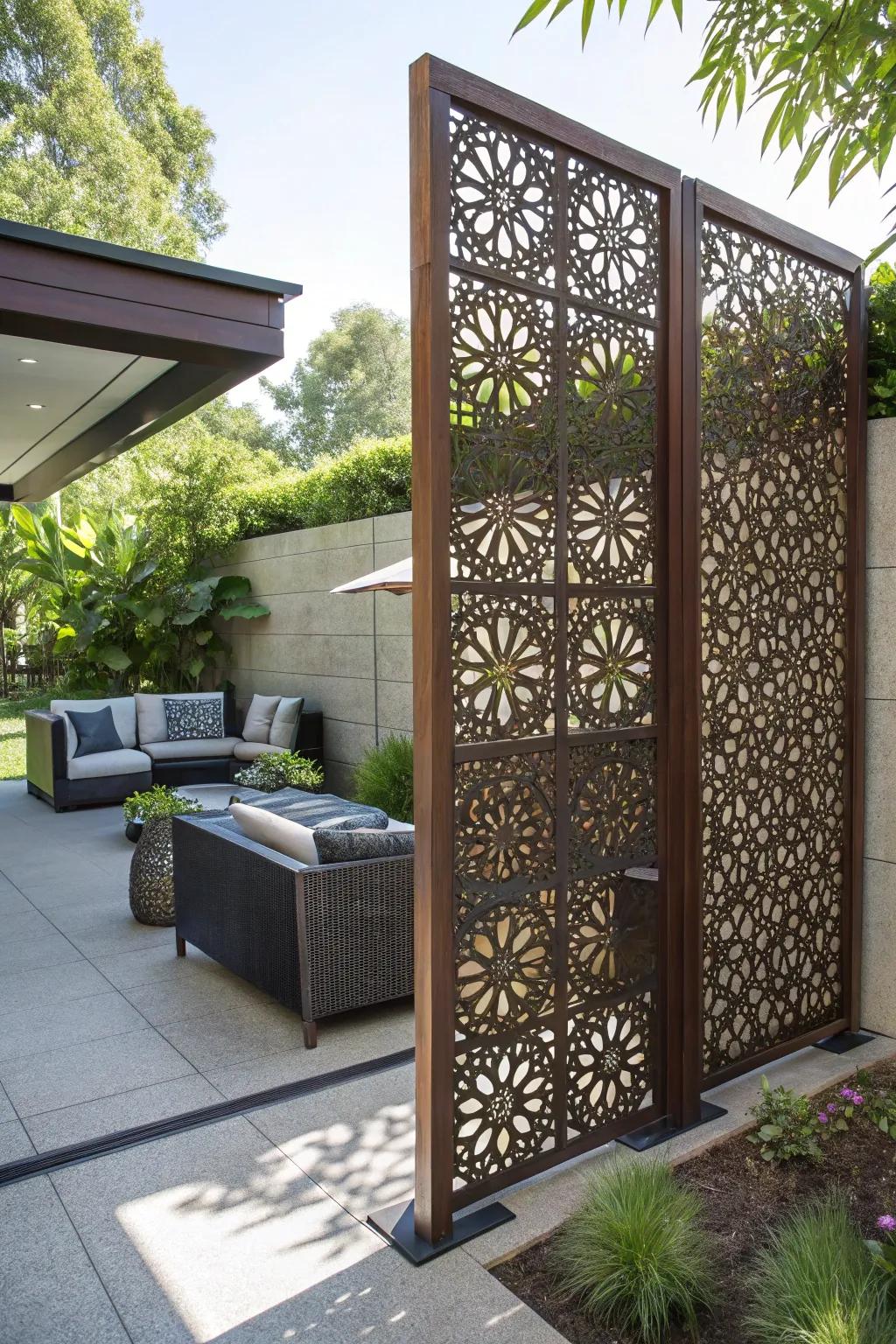 Revamp your outdoor space with artful privacy screens that stand as striking pieces of artwork.