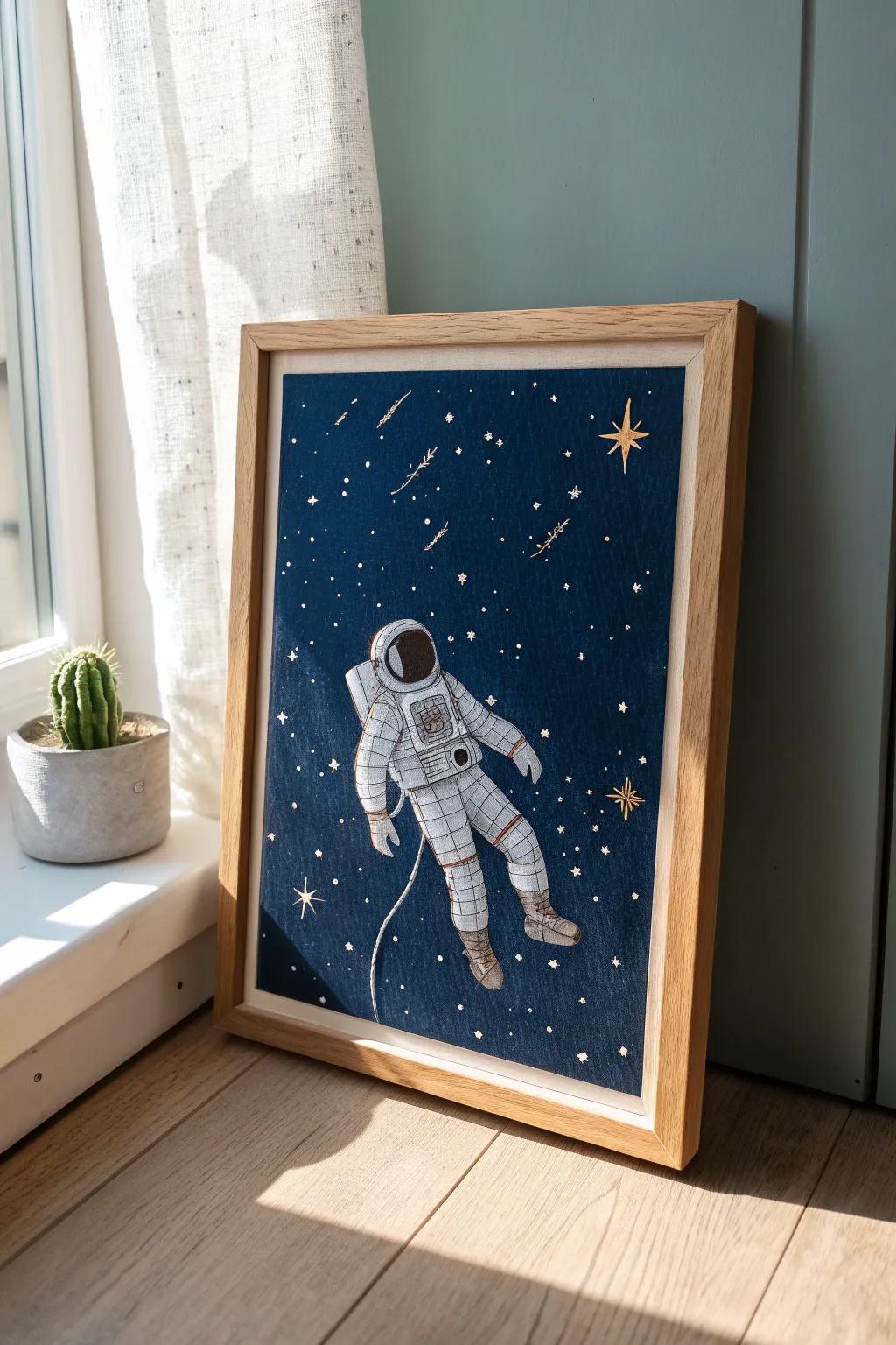 Float among the galaxies with this exquisitely crafted spacewalker art piece, contributing a dash of cosmic allure to your setting.