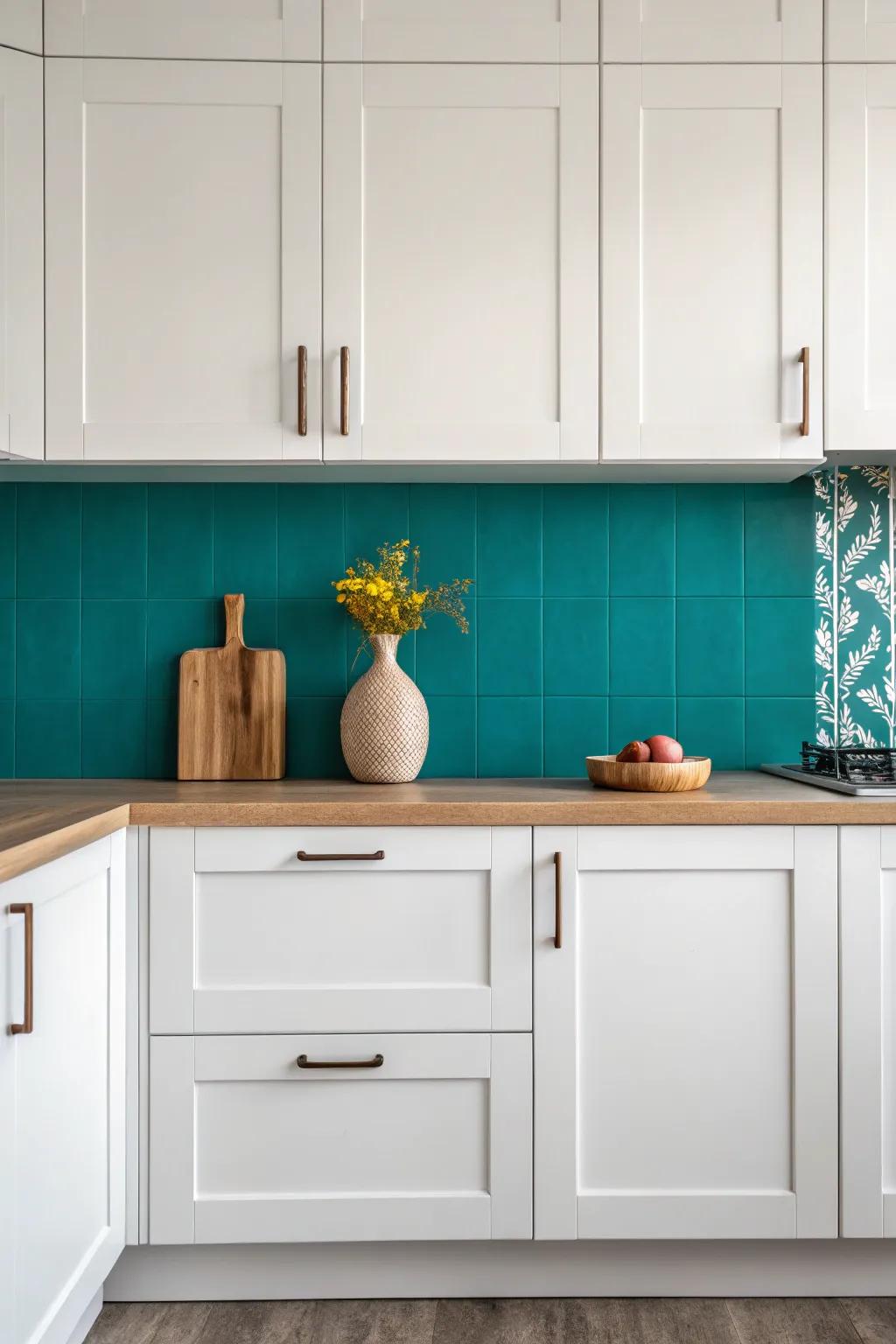 Revamp your culinary space via an intense hue sectioning backsplash that echoes Scandinavian minimalism and bohemian allure.