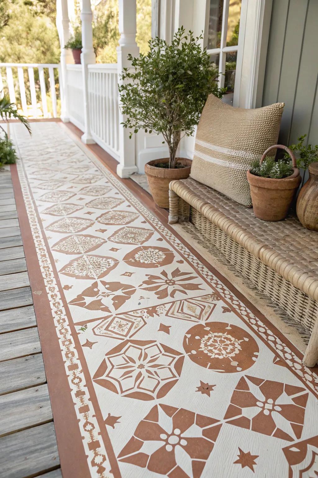 Enhance your porch with stenciled stone patterns for a Mediterranean charm.