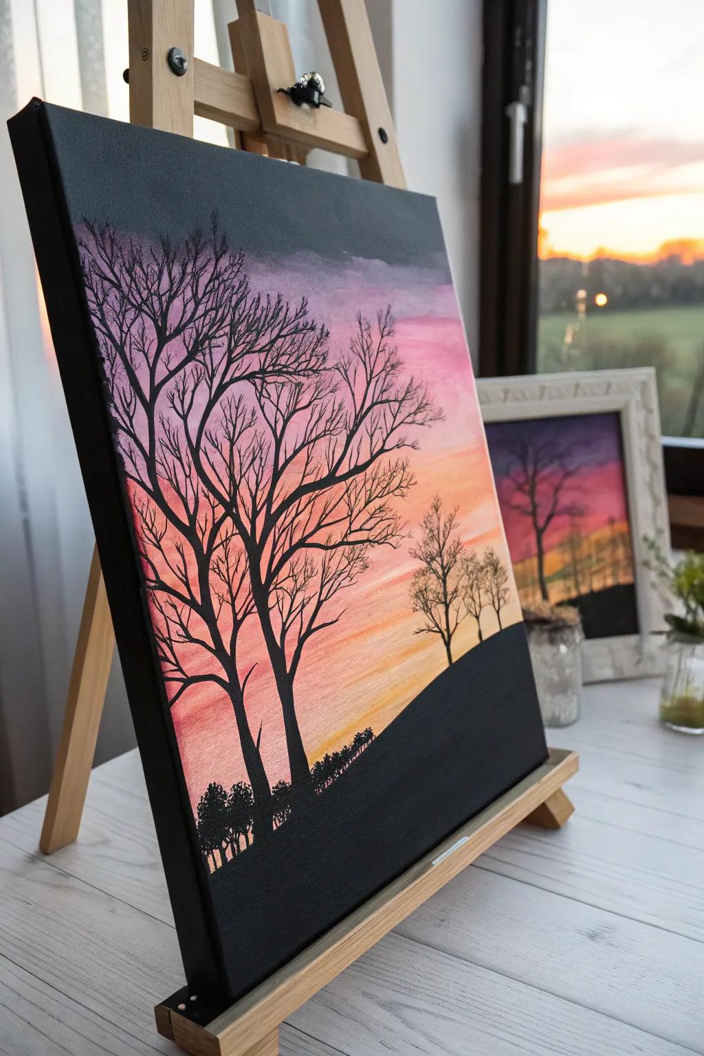 Uncover the serene allure of outlined sceneries on a black canvas, where simplicity intertwines with emotional depth.