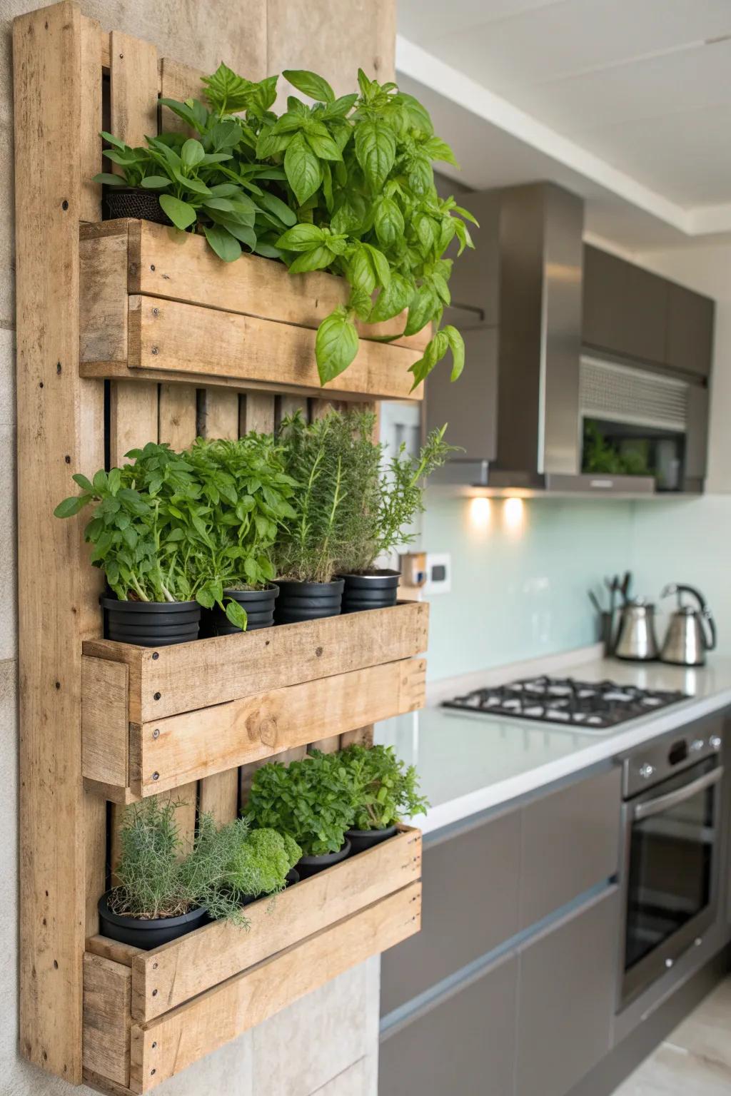 Elevate your kitchen with an elevated pallet herb display, introducing vibrant tastes and scents to your gastronomic adventures.