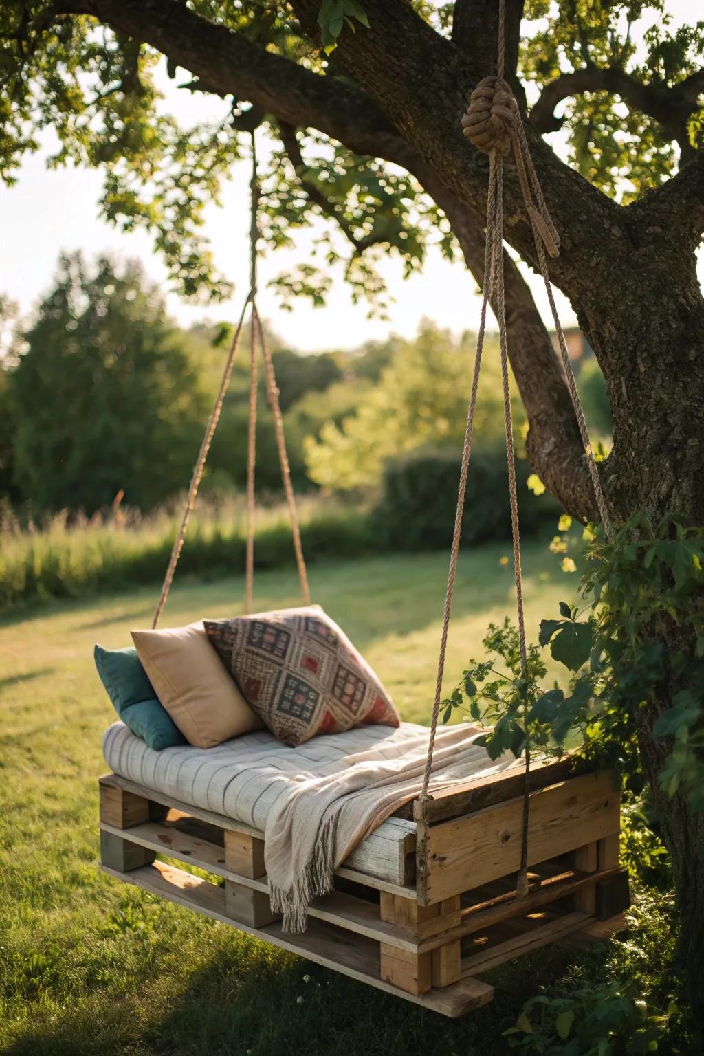 Transmute a humble pallet into an enthralling garden swing, bestowing boundless merriment and repose.