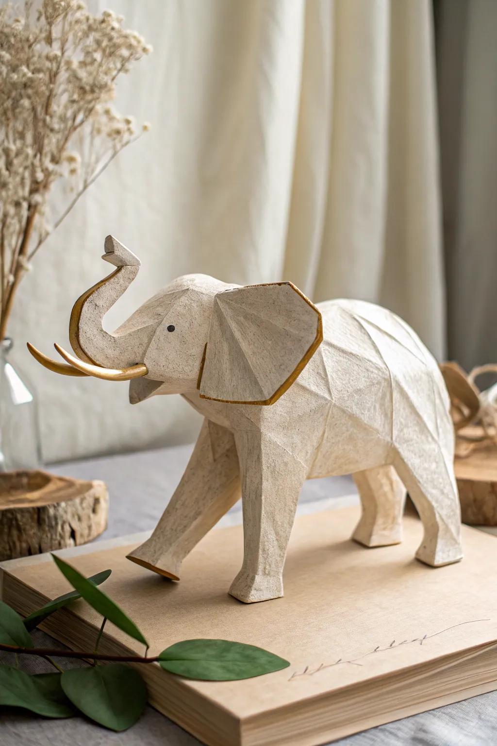 Embrace the elegance of minimalism with this breathtaking paper mache elephant sculpture, a seamless fusion of Scandinavian minimalism and boho allure.