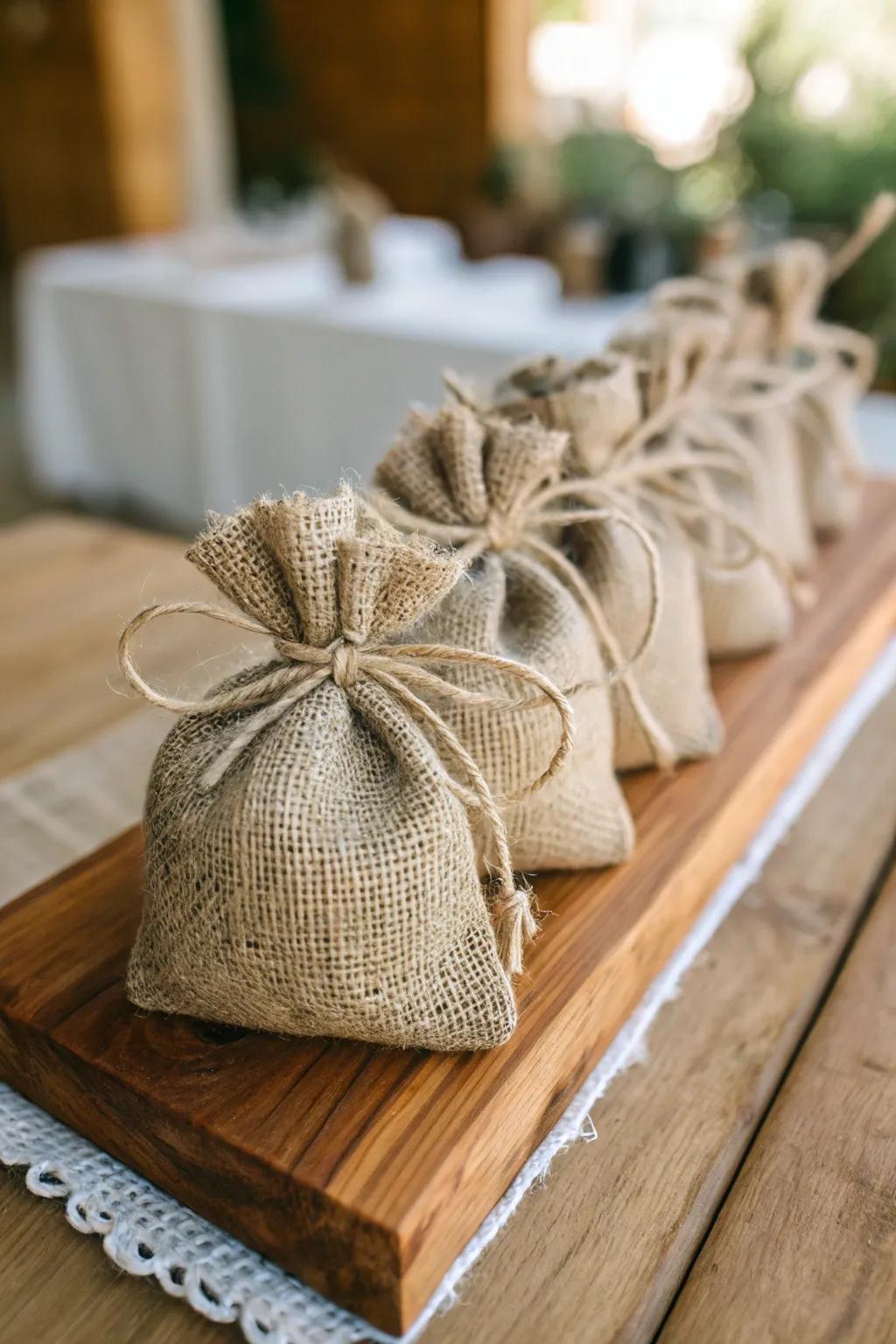 Environmentally mindful burlap packaging, imbuing a rustic allure into baptismal favors.